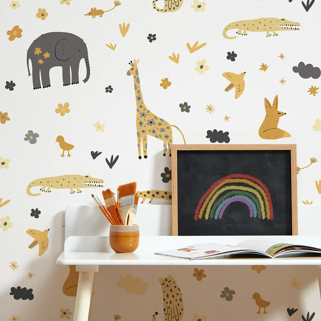 Animal Kingdom Wallpaper in Mustard and Grey - Image 3
