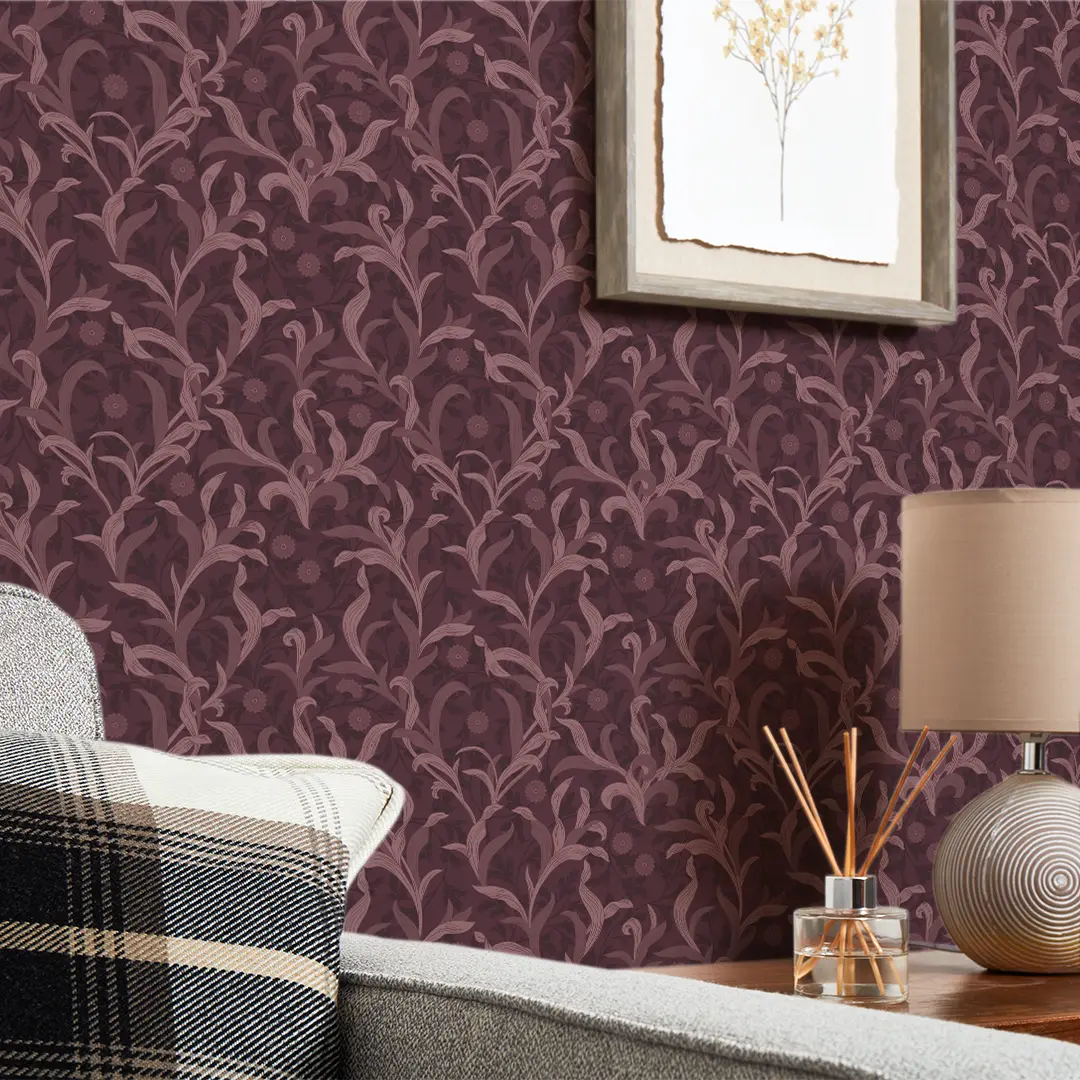 Antique Leaf Wallpaper in Plum - Image 3