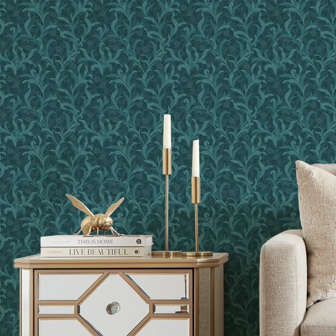 Antique Leaf Wallpaper in Teal - Image 3