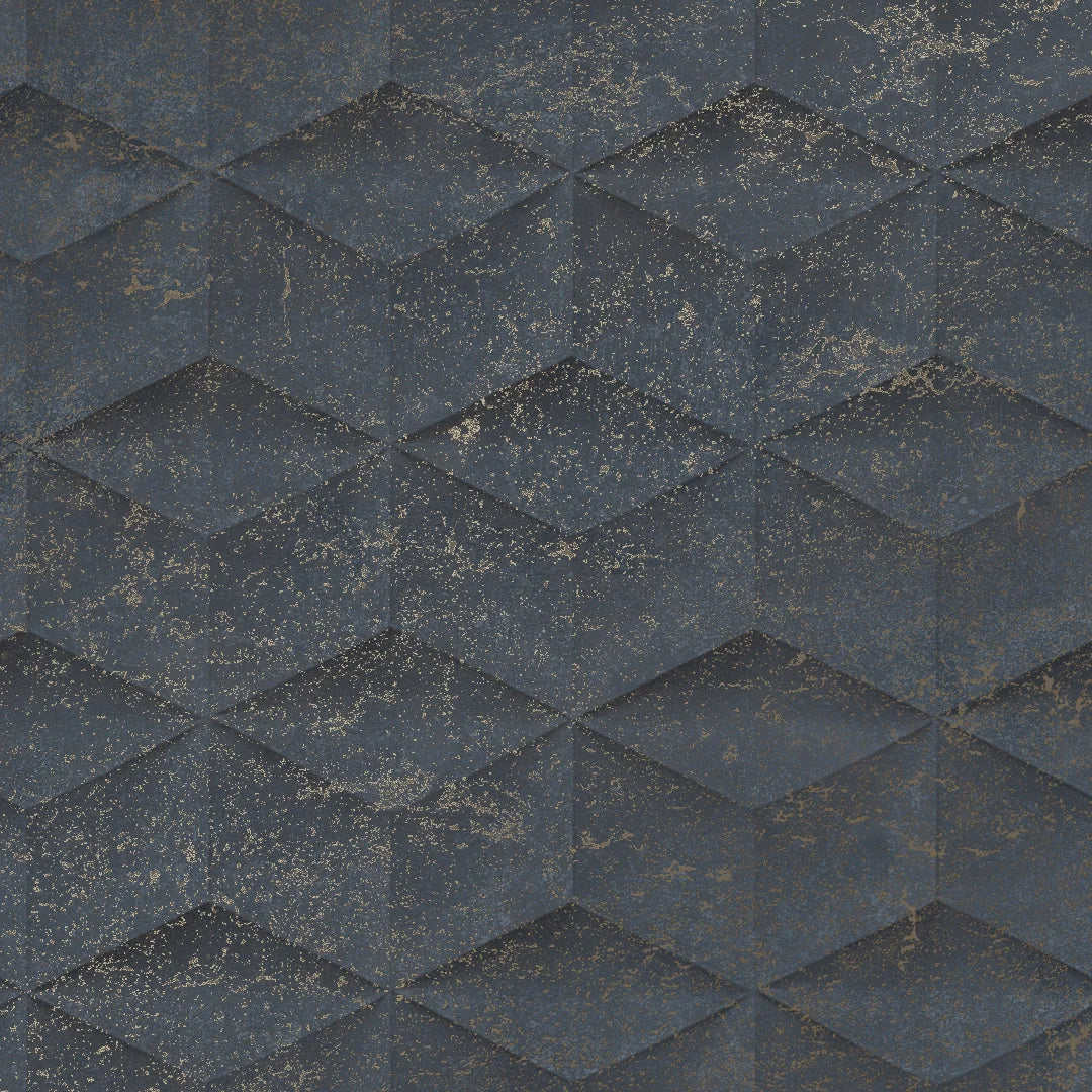 Architectural Concrete Wallpaper in Navy and Gold