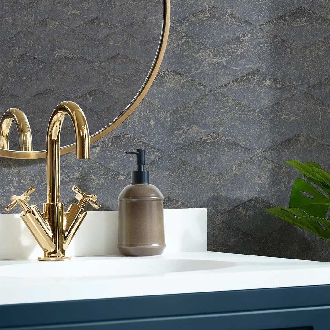 Architectural Concrete Wallpaper in Navy and Gold - Image 3
