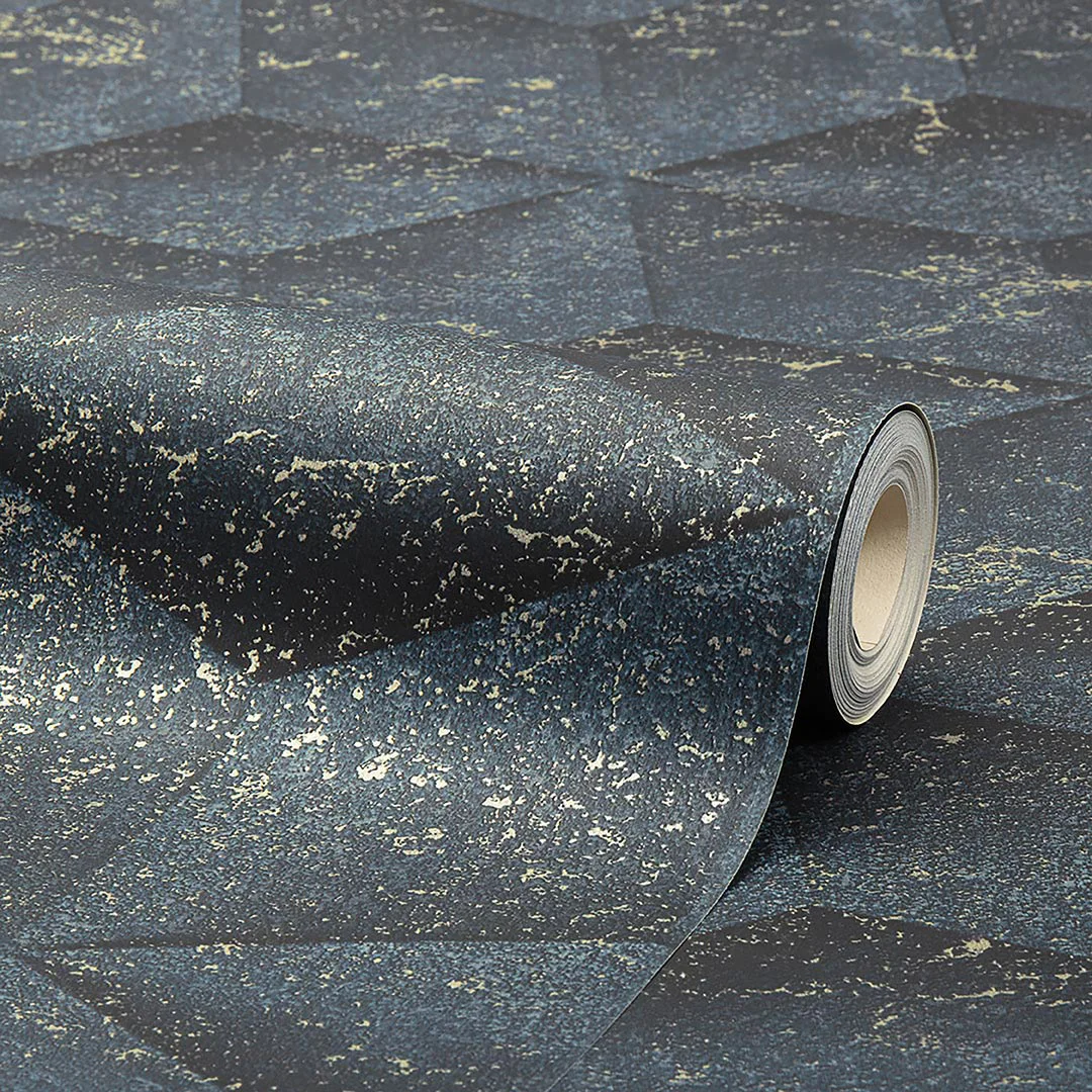 Architectural Concrete Wallpaper in Navy and Gold - Image 4