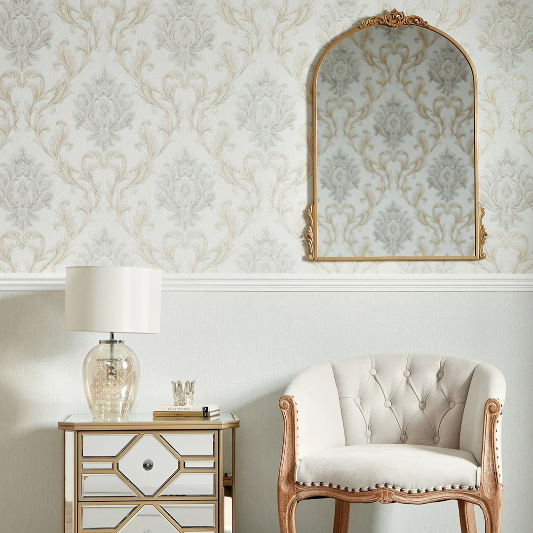 Aurora Damask Wallpaper in Duck Egg Green with vintage Cream and Gold - Image 2