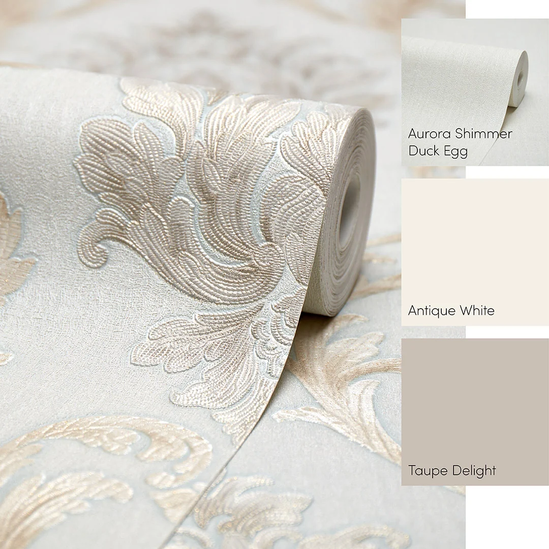 Aurora Damask Wallpaper in Duck Egg Green with vintage Cream and Gold - Image 4