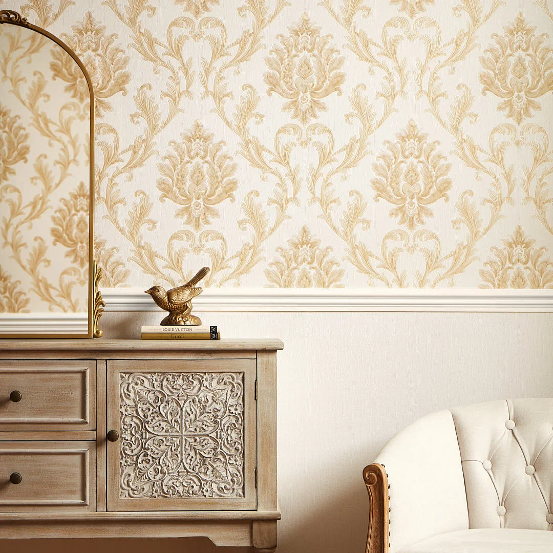 Aurora Damask Wallpaper in Shimmering Ivory with Gold and Silver - Image 2