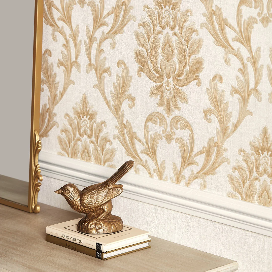 Aurora Damask Wallpaper in Shimmering Ivory with Gold and Silver - Image 3