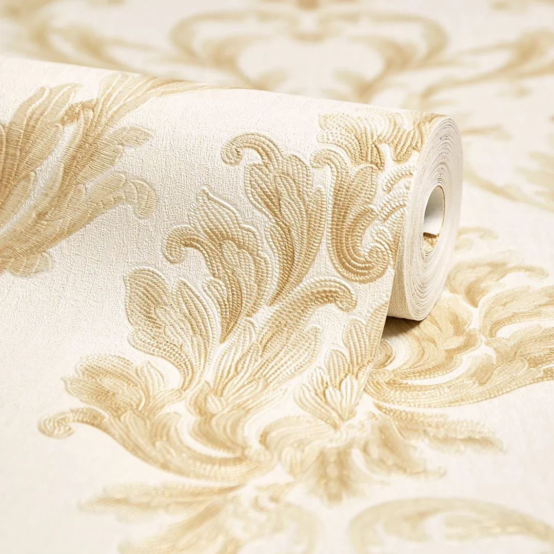 Aurora Damask Wallpaper in Shimmering Ivory with Gold and Silver - Image 4