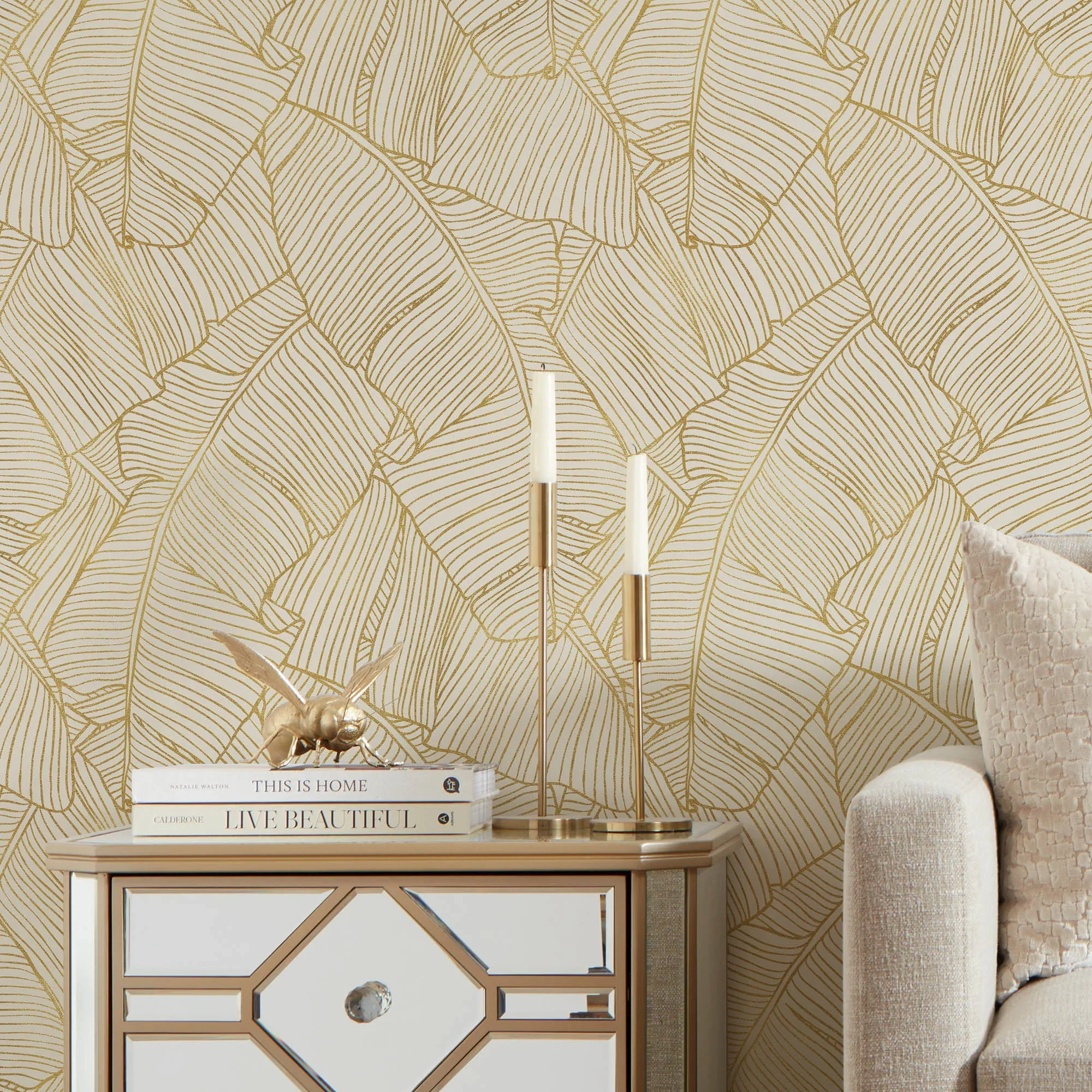 Banana Leaf Wallpaper in Cream and Gold - Image 3