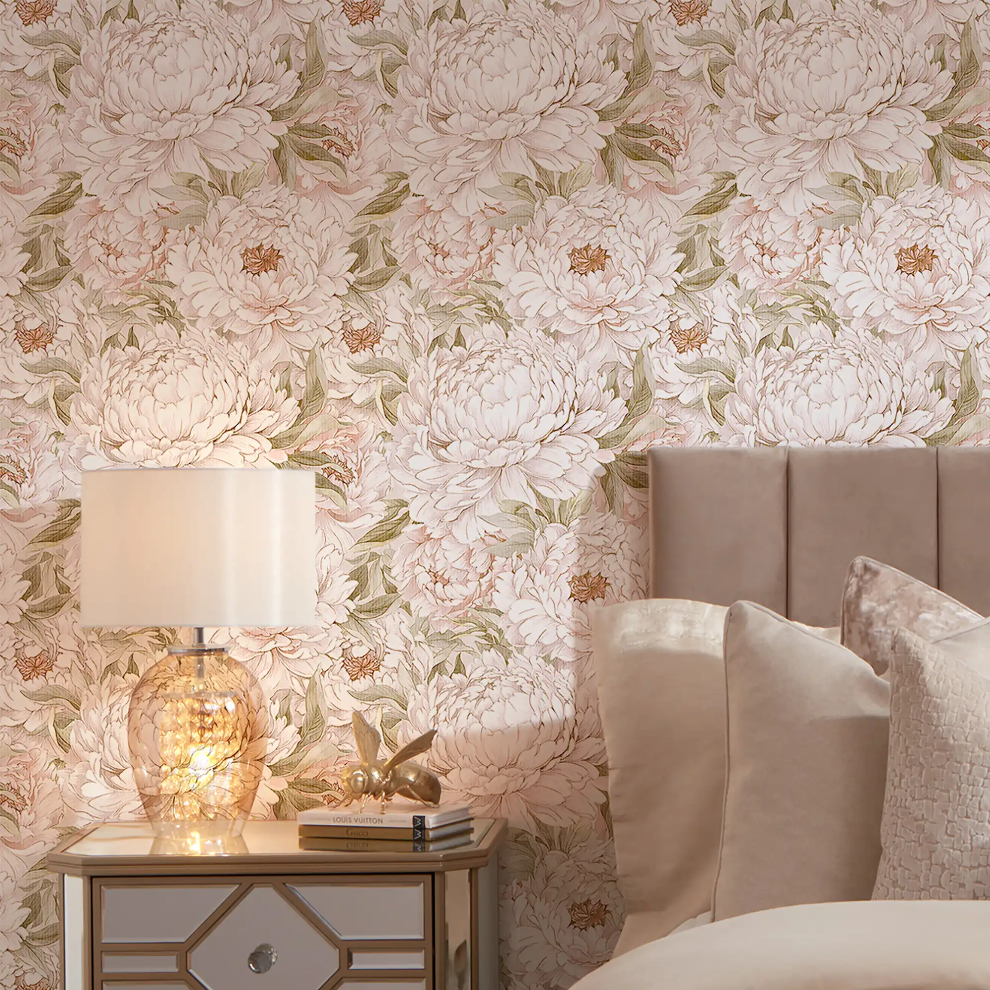 Beautiful Blooms Wallpaper in Peach White with Gold - Image 2