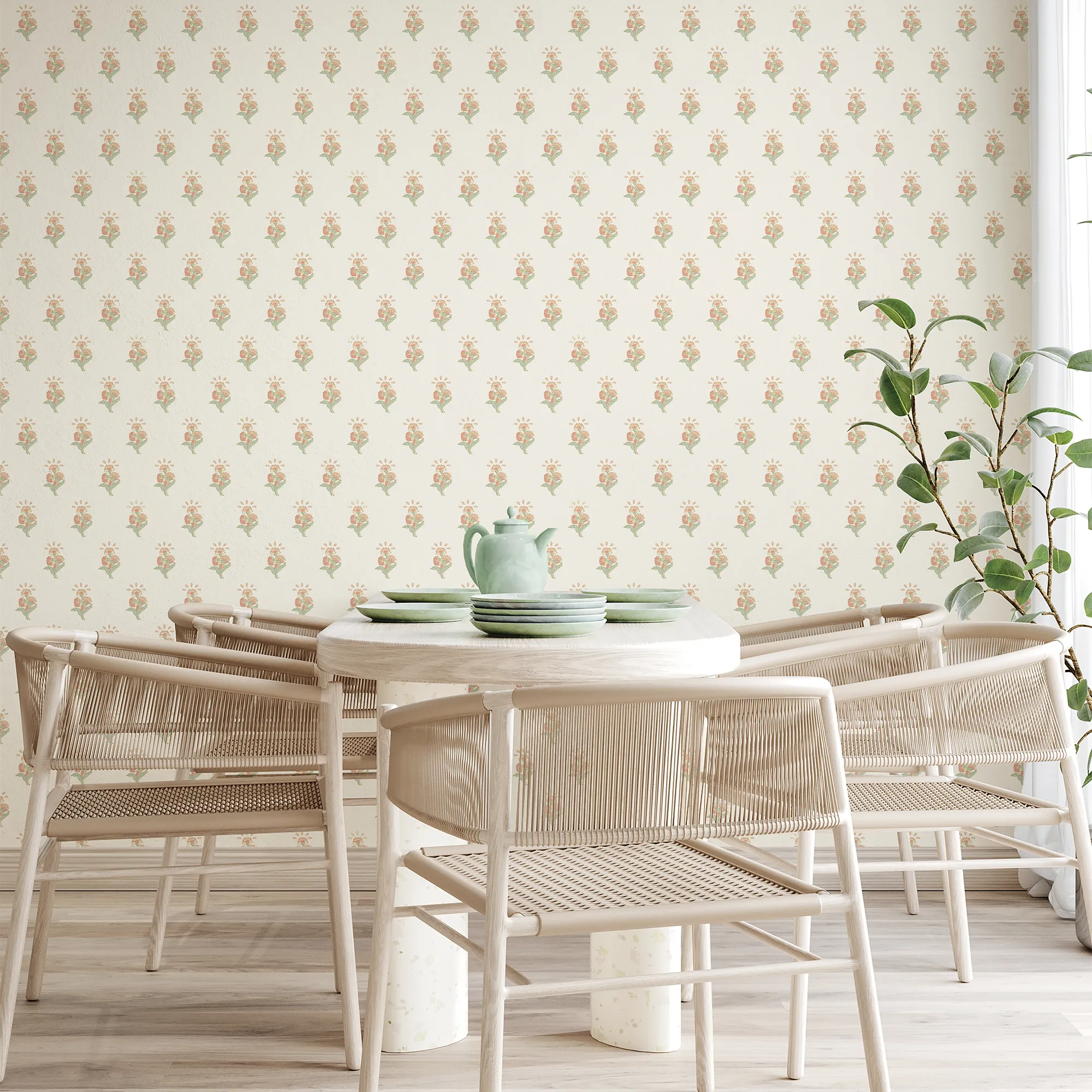 Boho Bouquet Wallpaper in Peach and Green - Image 2