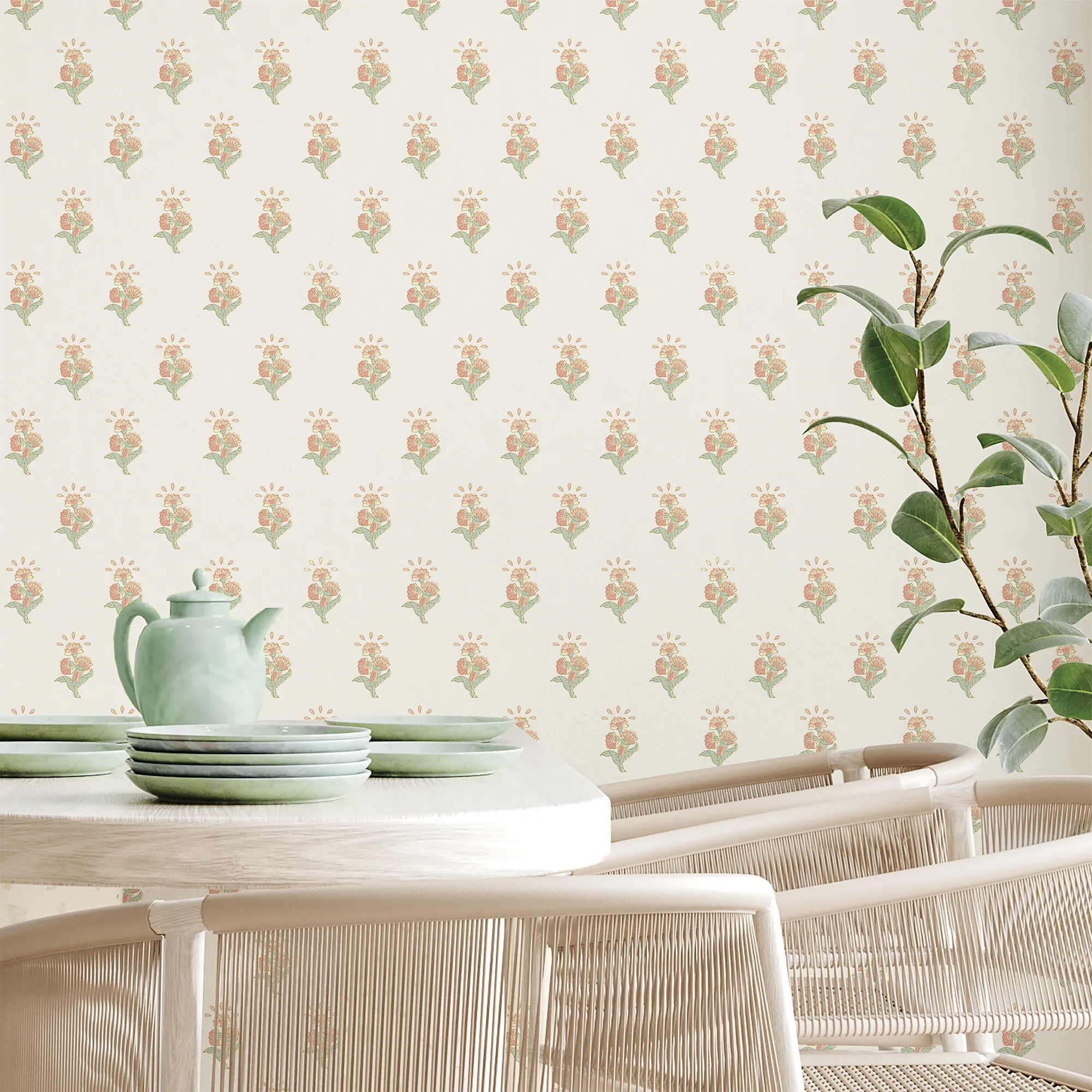 Boho Bouquet Wallpaper in Peach and Green - Image 3