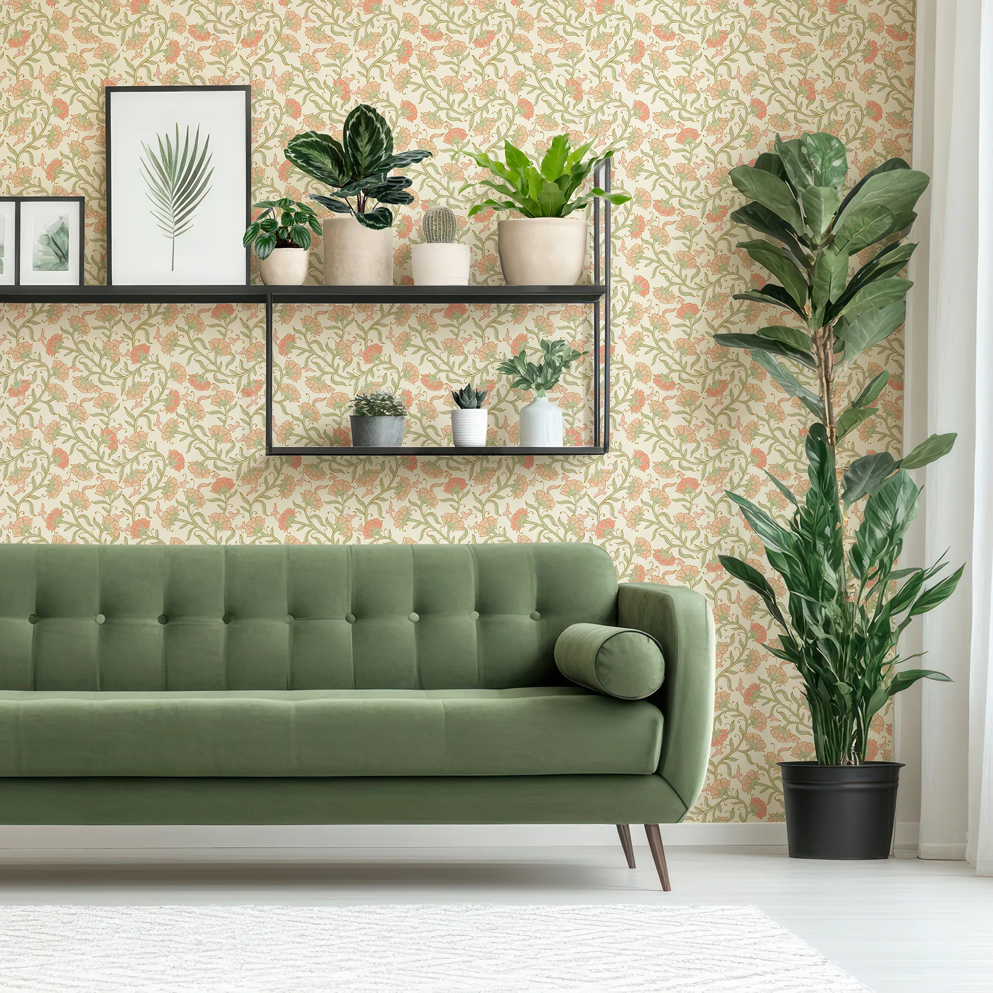 Boho Tendrils Wallpaper in Peach and Green - Image 2