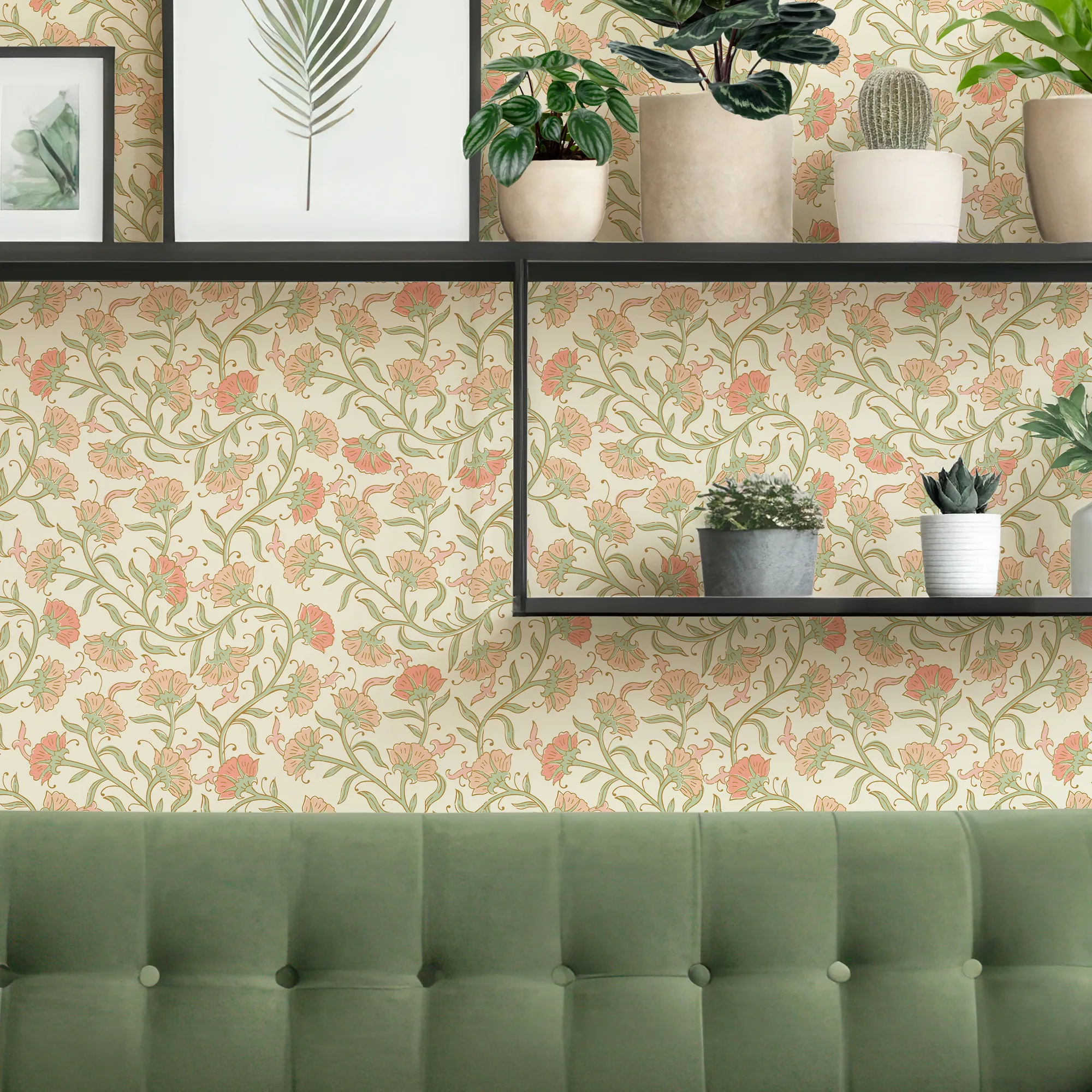 Boho Tendrils Wallpaper in Peach and Green - Image 3