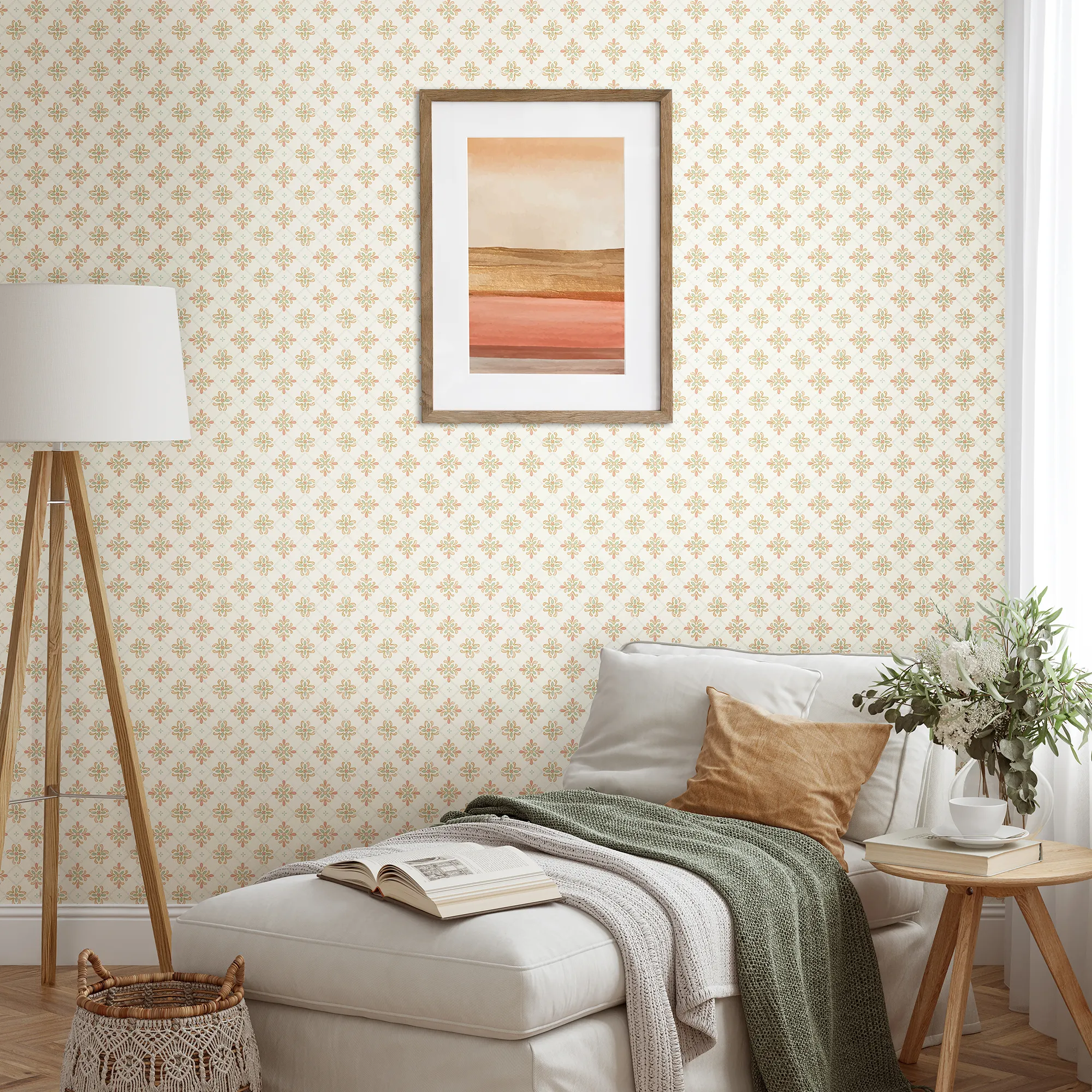 Boho Tile Wallpaper in Peach and Green - Image 2