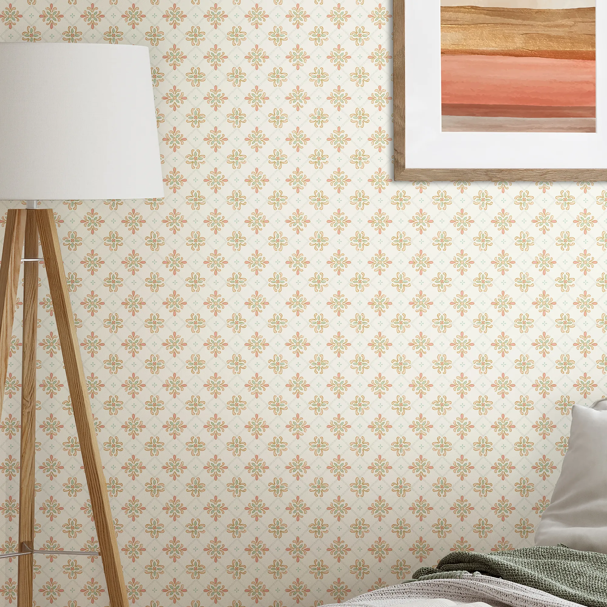 Boho Tile Wallpaper in Peach and Green - Image 3