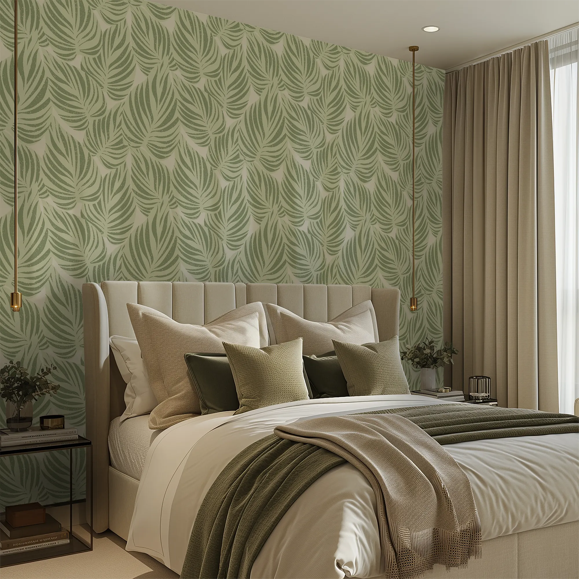 Broad Leaf Wallpaper in Pistachio on Cream - Image 2