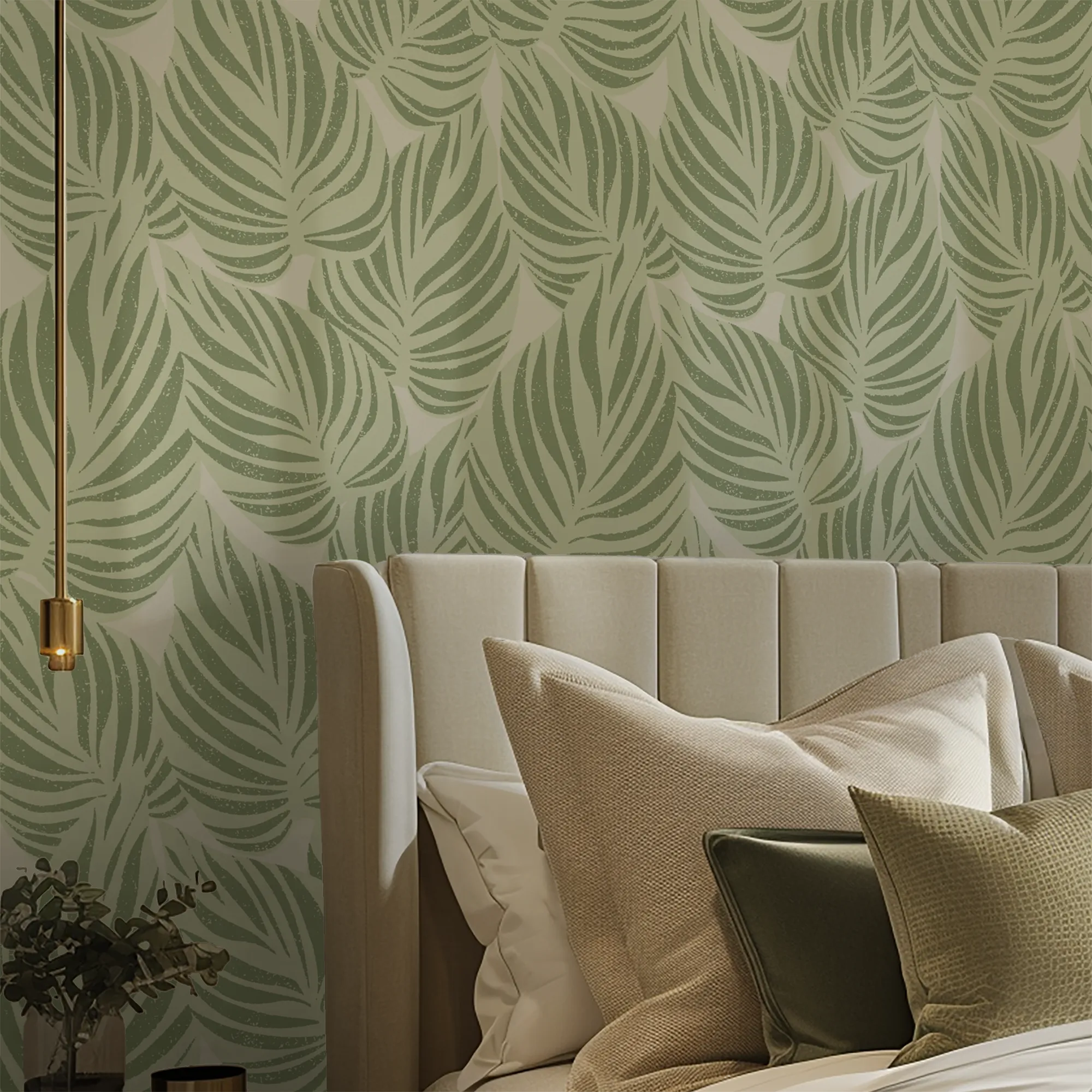 Broad Leaf Wallpaper in Pistachio on Cream - Image 3