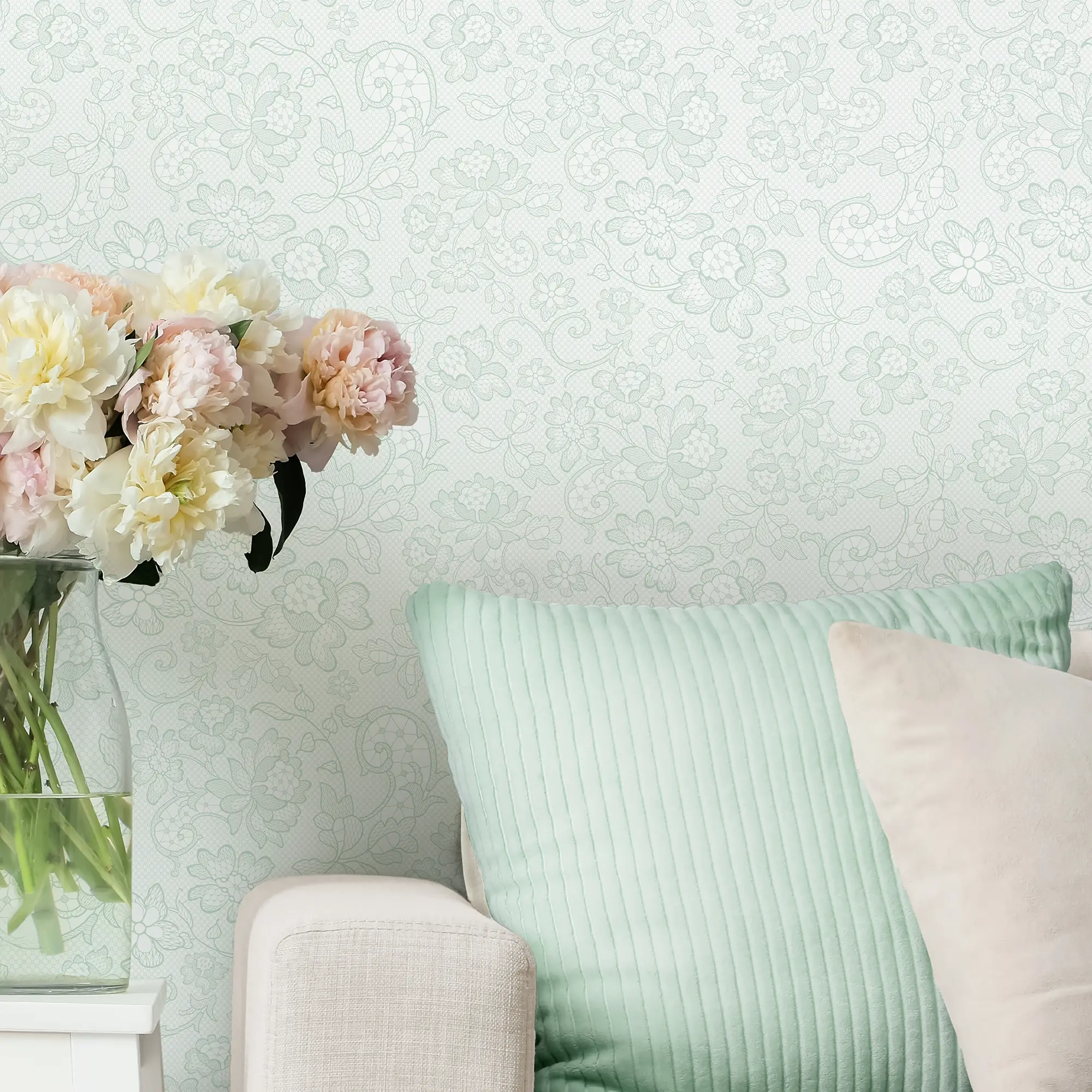 Brussels Lace Wallpaper in Mint - Image 2