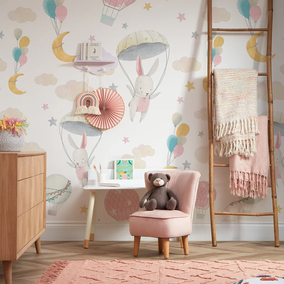 Bunnies in the Sky Wallpaper in Soft Pastels - Image 2