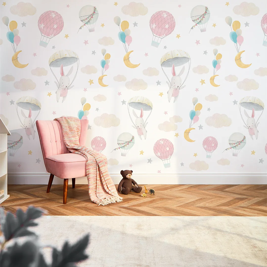 Bunnies in the Sky Wallpaper in Soft Pastels - Image 3