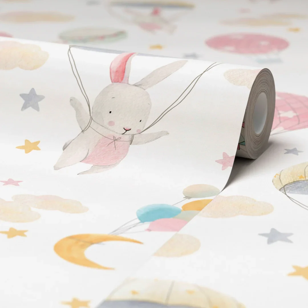 Bunnies in the Sky Wallpaper in Soft Pastels - Image 4