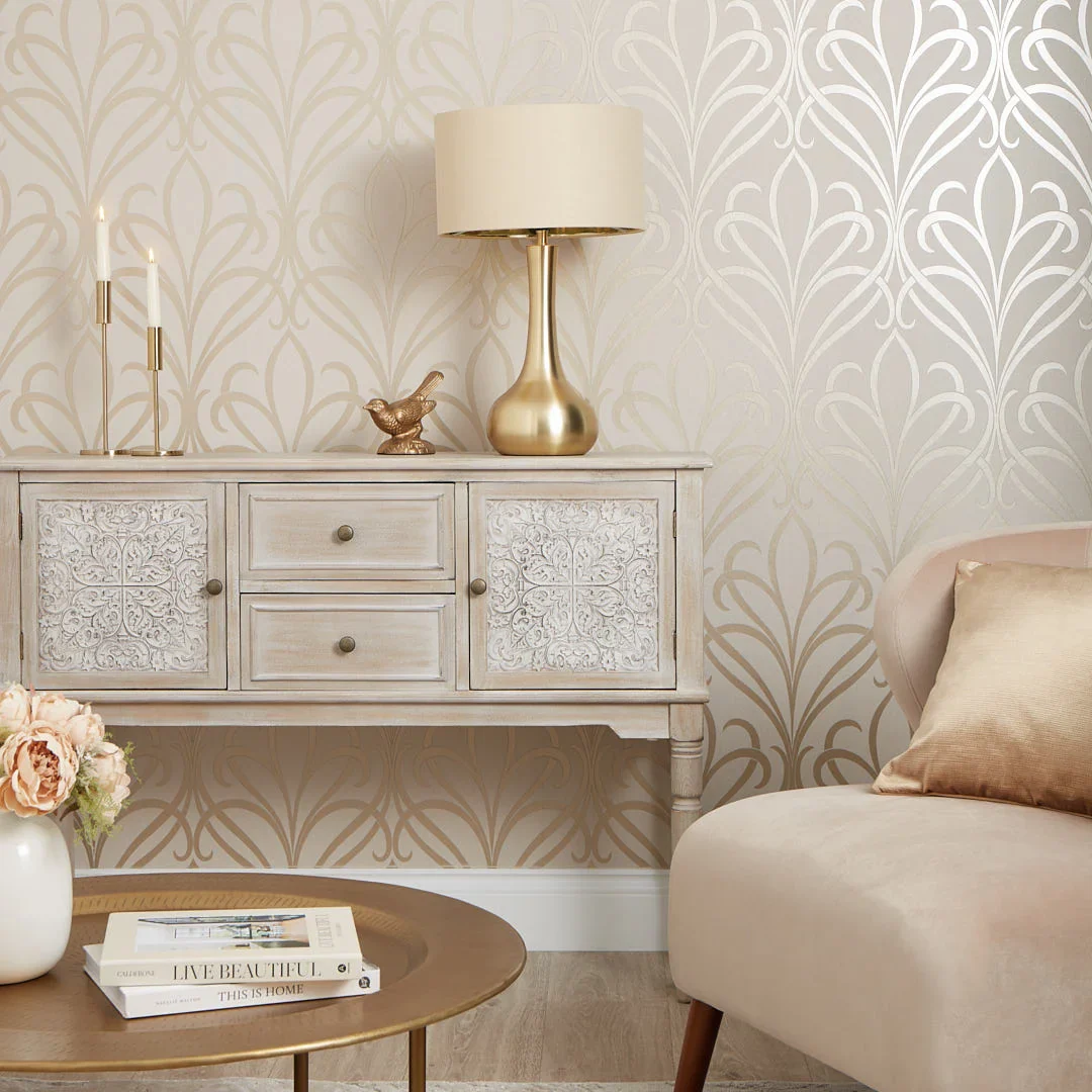 Camden Damask Wallpaper in Cream and Gold - Image 2