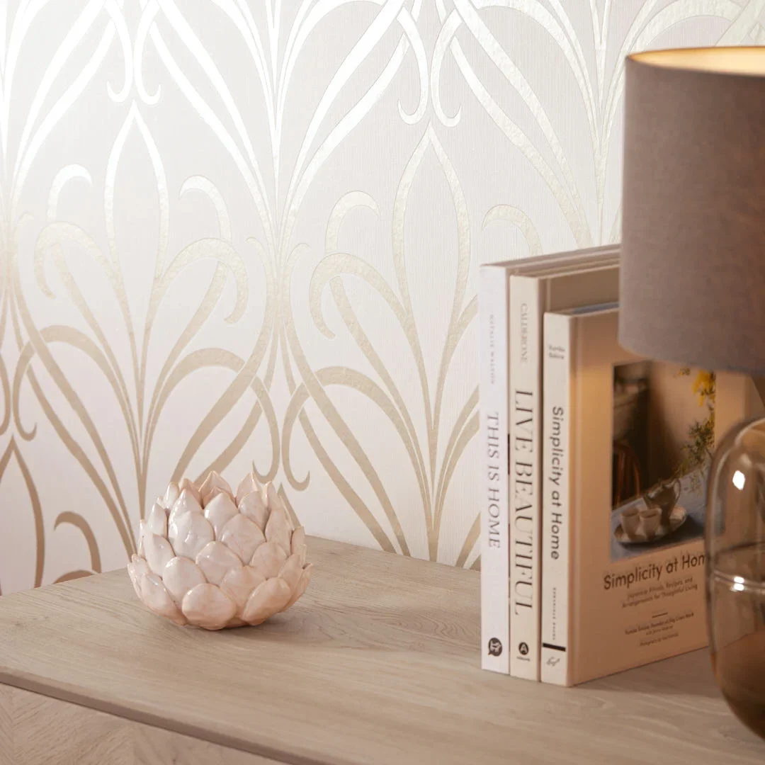 Camden Damask Wallpaper in Neutral and Gold - Image 3