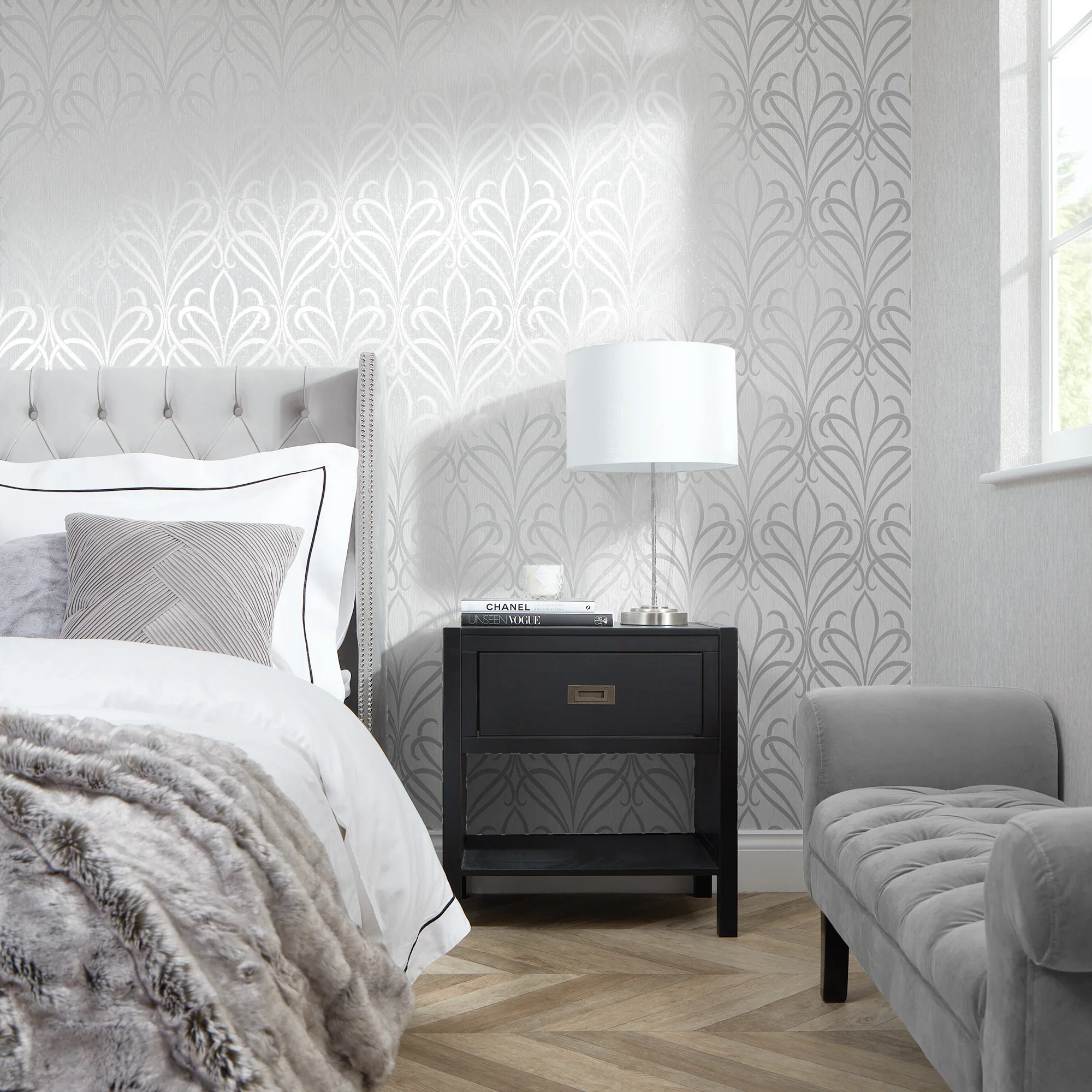Camden Damask Wallpaper in Soft Grey and Silver - Image 2