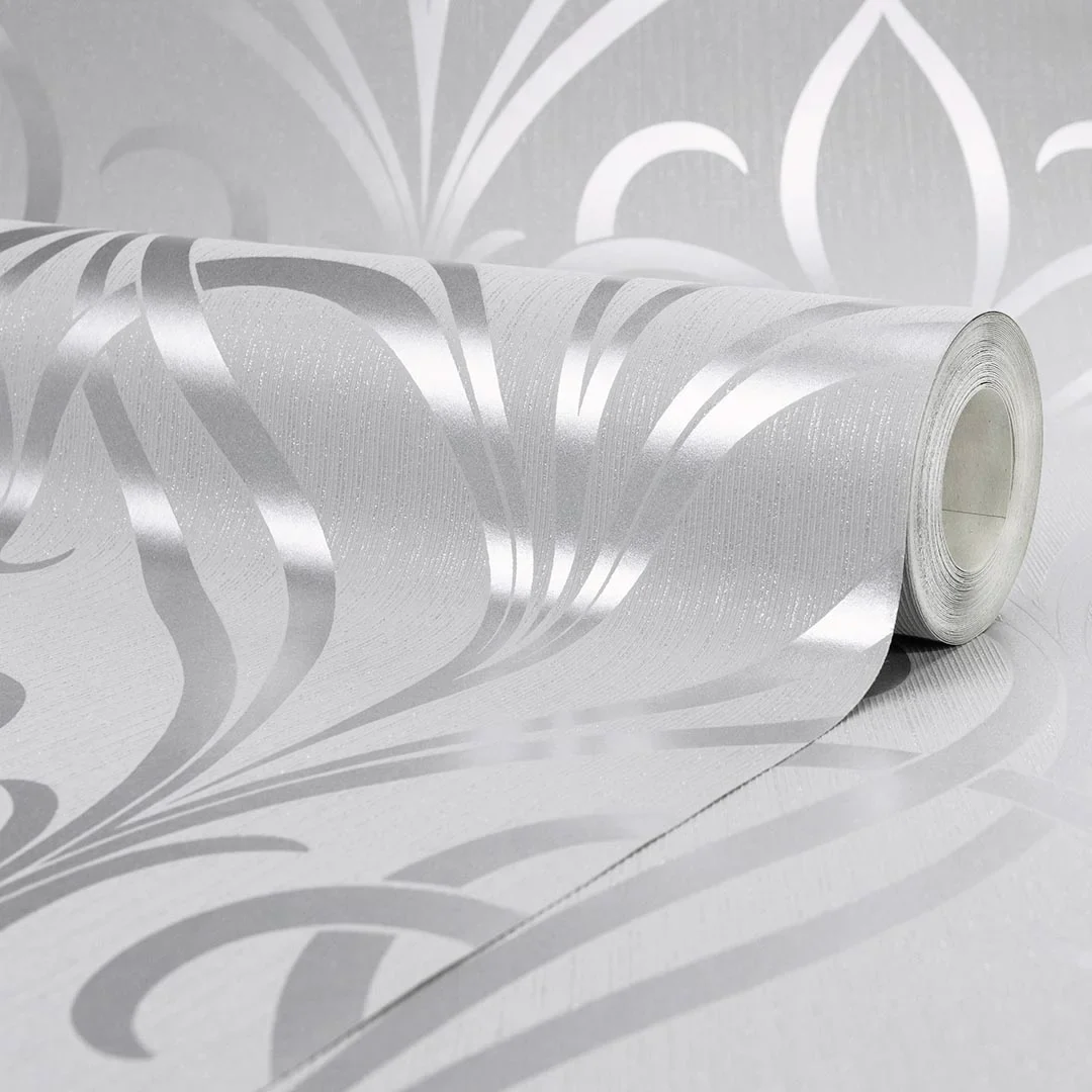 Camden Damask Wallpaper in Soft Grey and Silver - Image 3