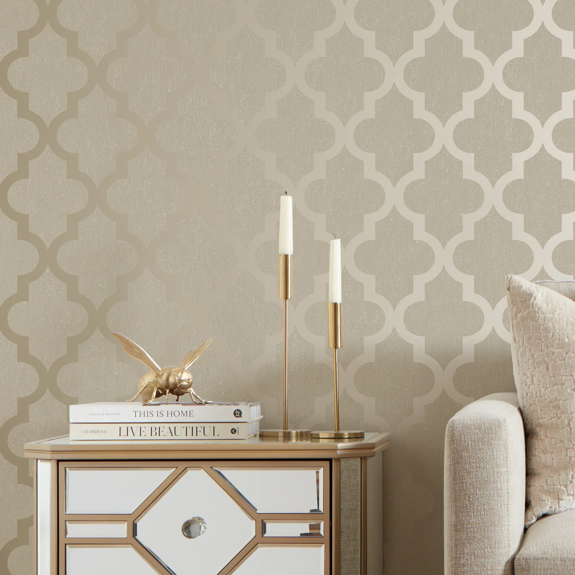 Camden Trellis Wallpaper in Cream and Gold - Image 3