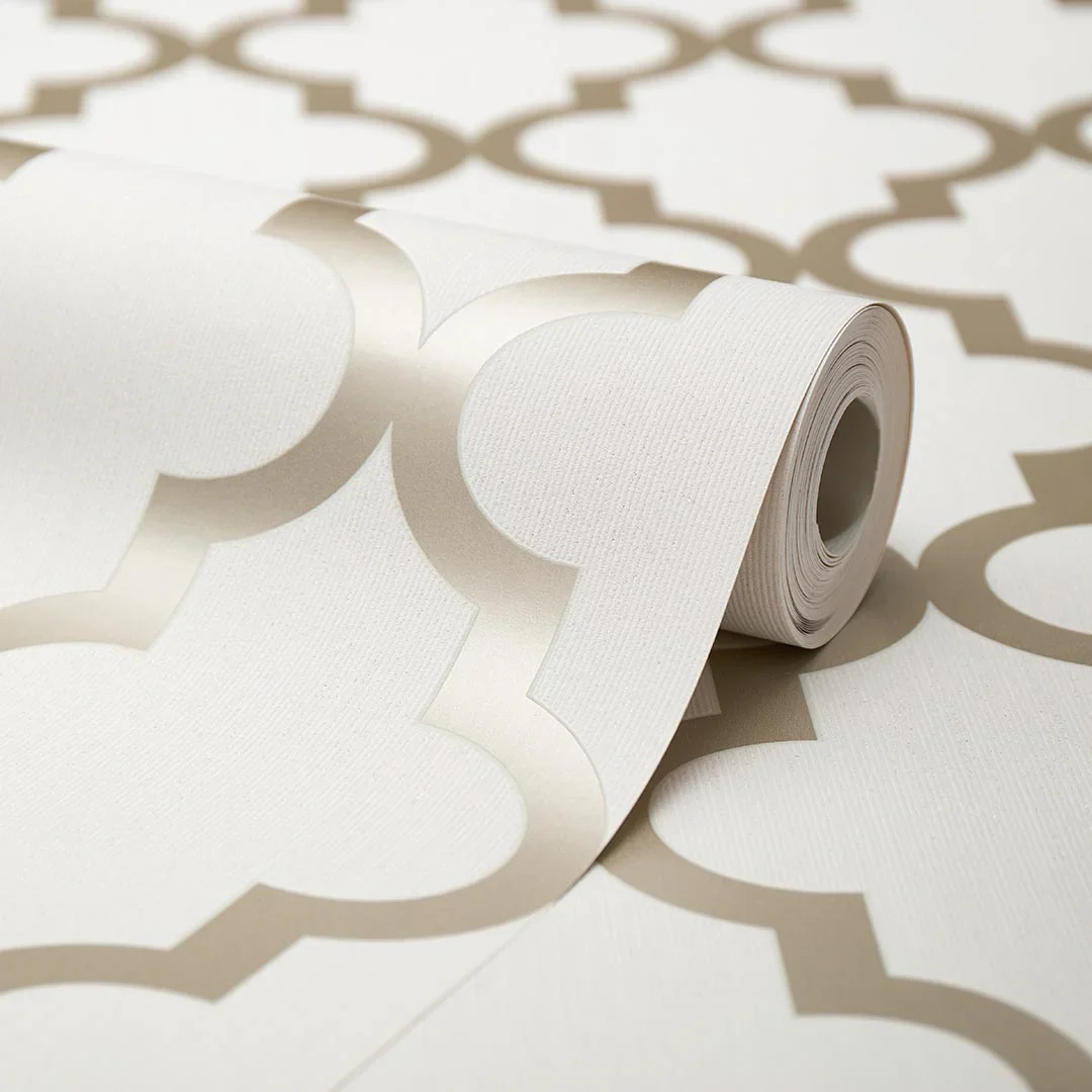 Camden Trellis Wallpaper in Neutral and Gold - Image 4