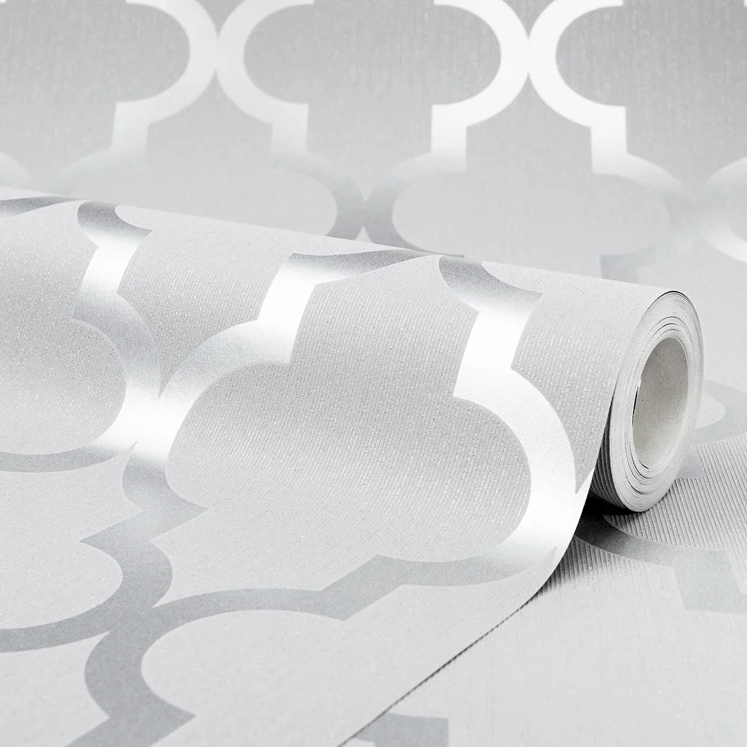 Camden Trellis Wallpaper in Soft Grey and Silver - Image 3