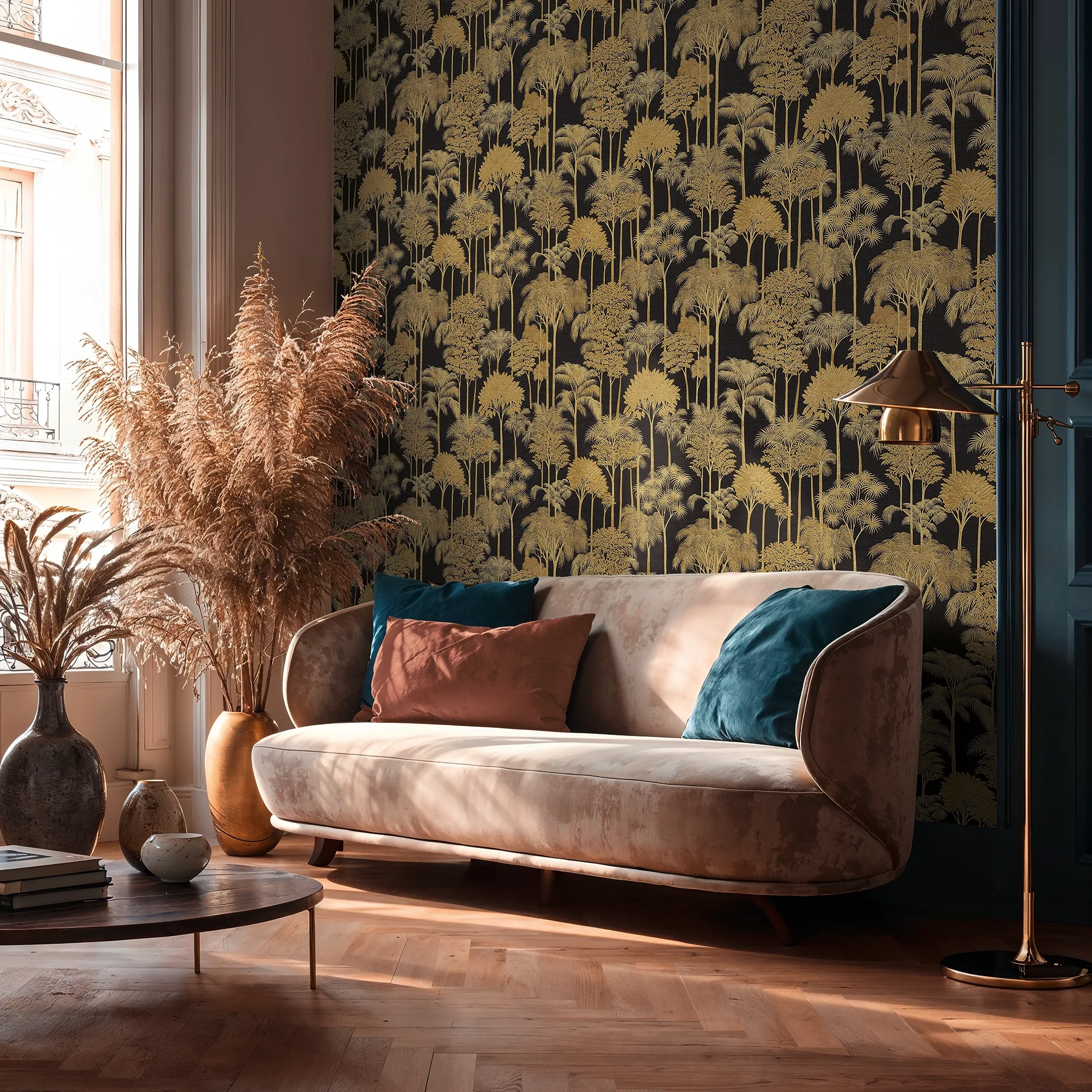 Canopy View Wallpaper in Gold on Charcoal - Image 3