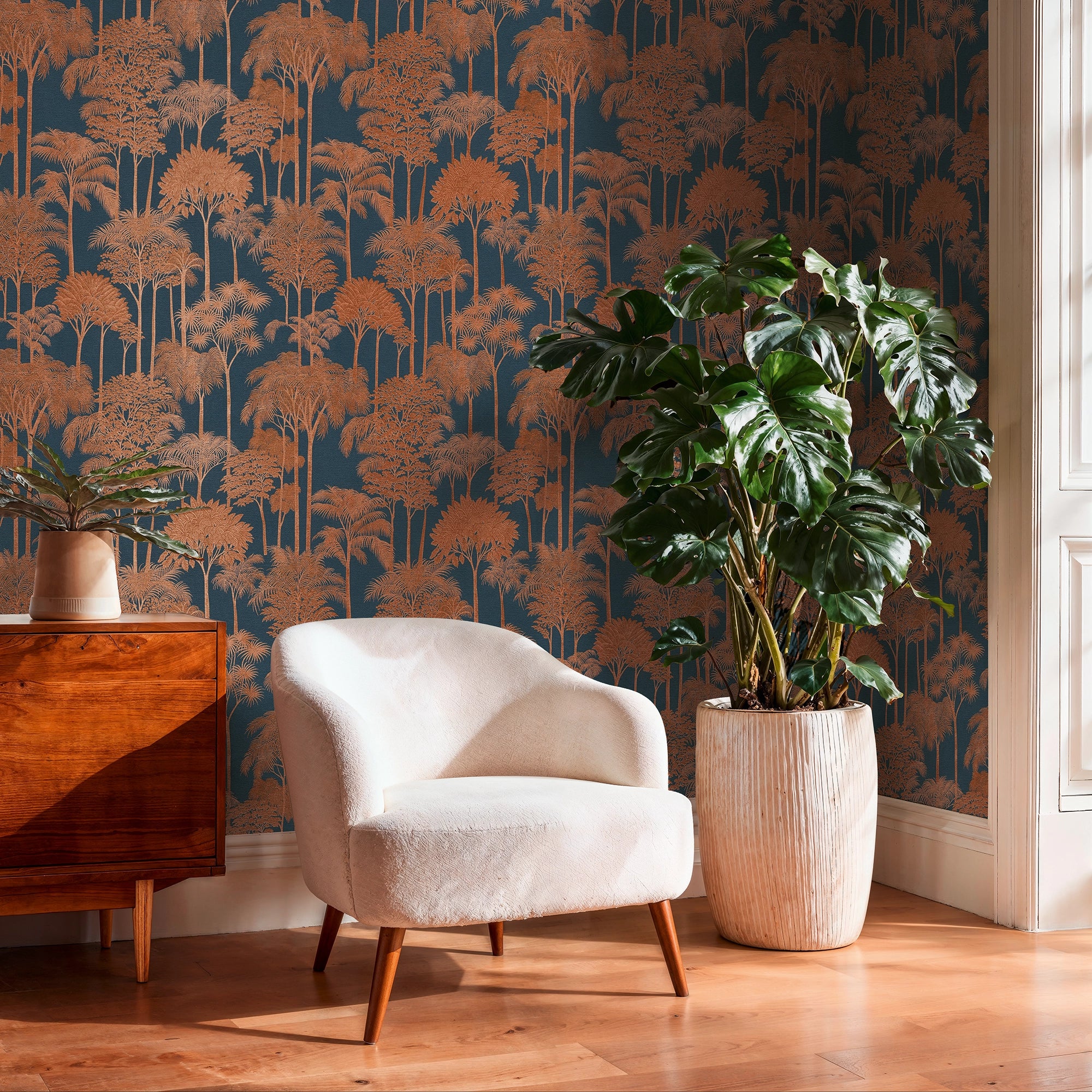 Canopy View Wallpaper in Rose Gold on Petrol Blue - Image 2