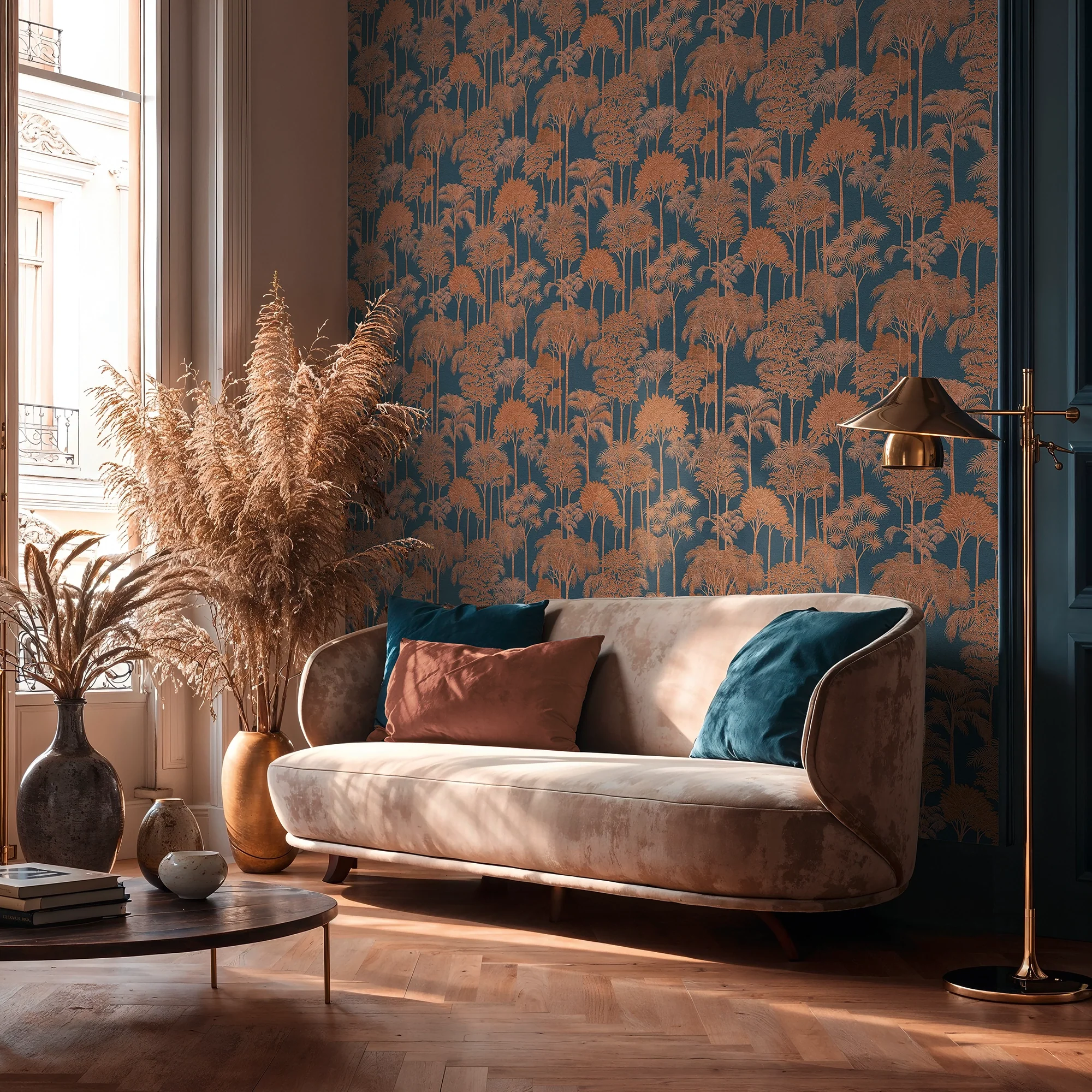 Canopy View Wallpaper in Rose Gold on Petrol Blue - Image 3