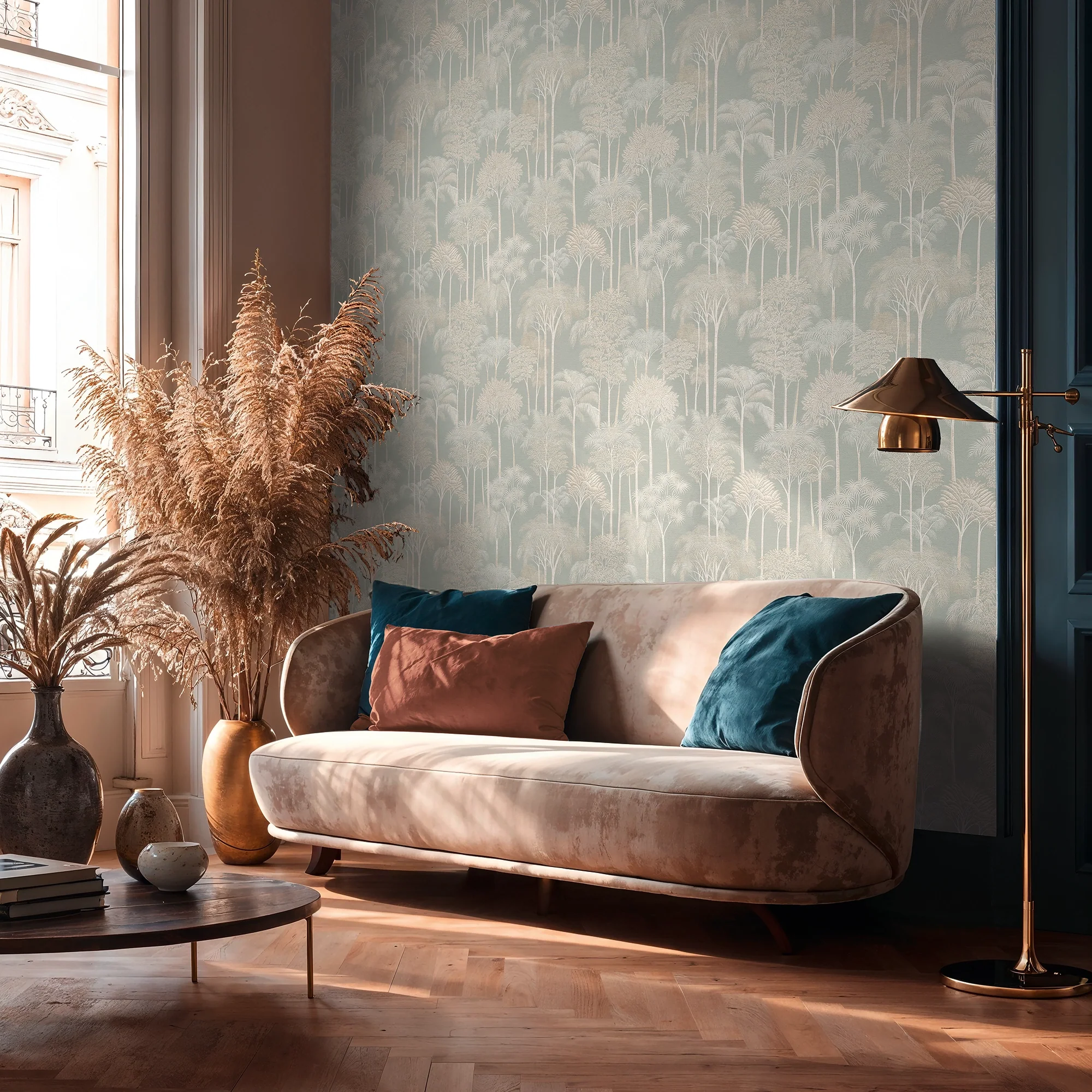 Canopy View Wallpaper in White and Gold on Blue - Image 3