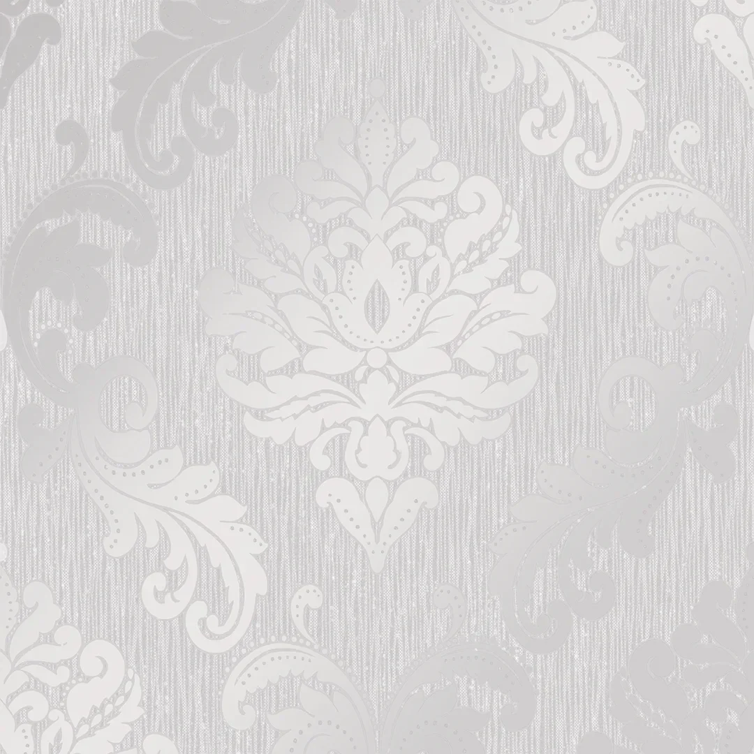 Chelsea Glitter Damask Wallpaper in Soft Grey and Silver