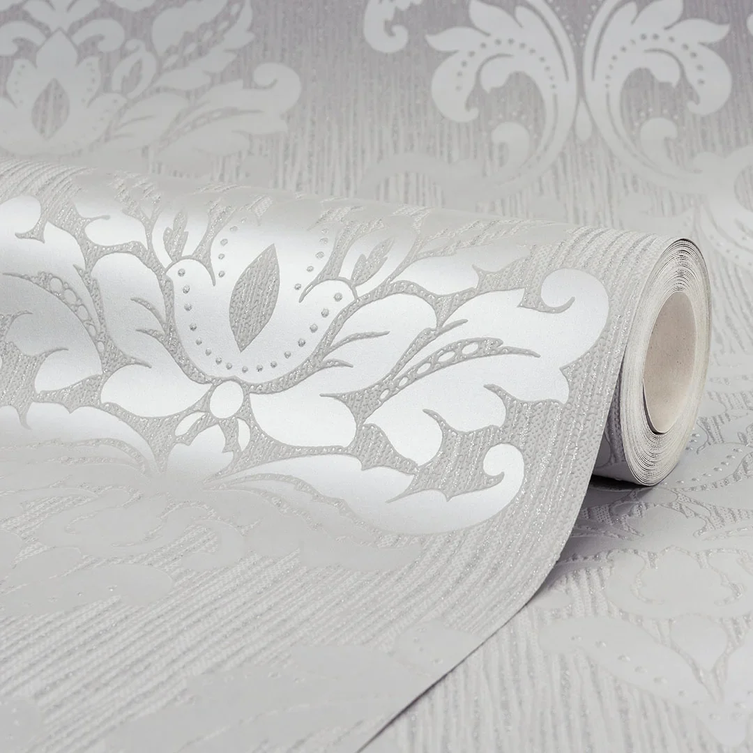 Chelsea Glitter Damask Wallpaper in Soft Grey and Silver - Image 3