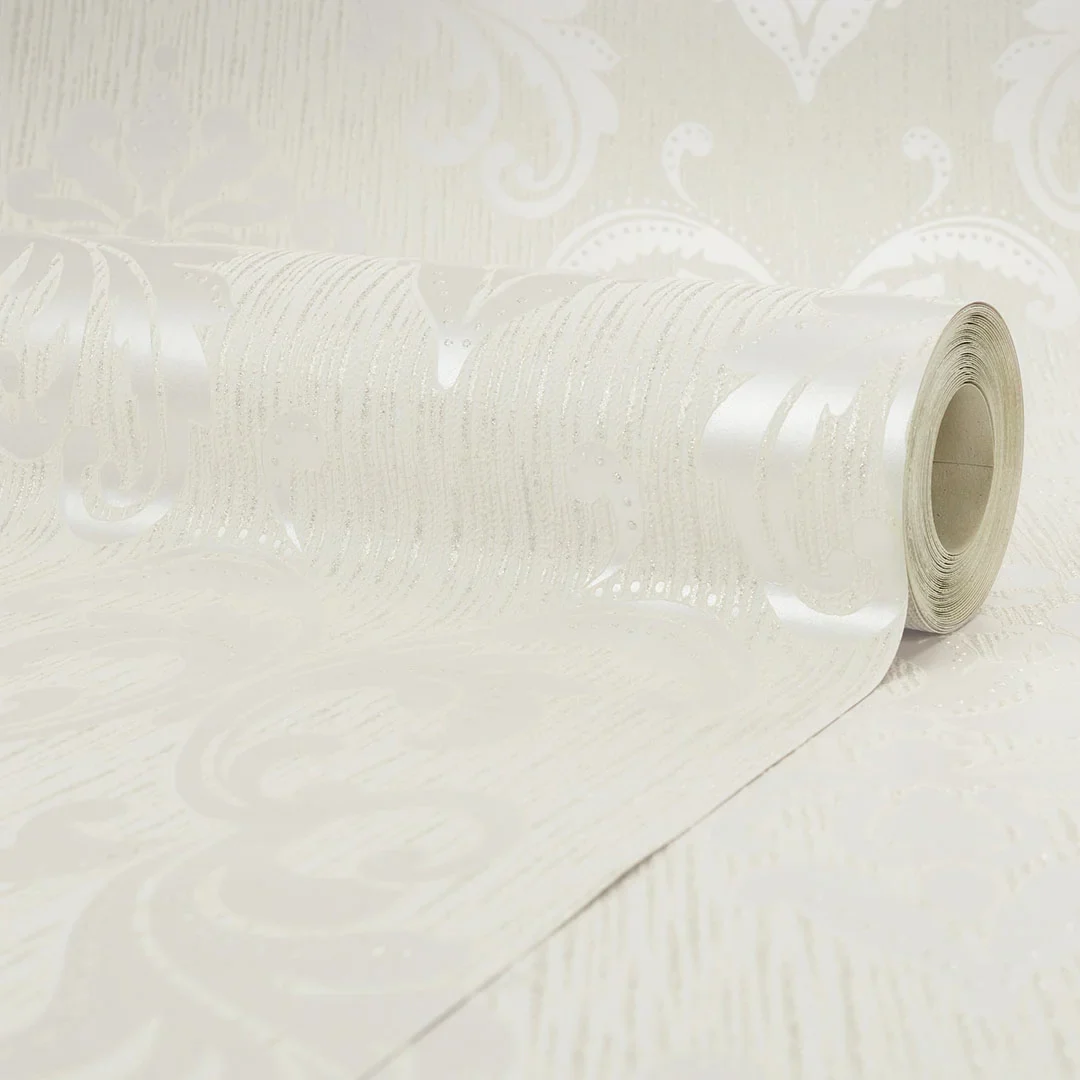 Chelsea Glitter Damask Wallpaper in White and Silver - Image 4
