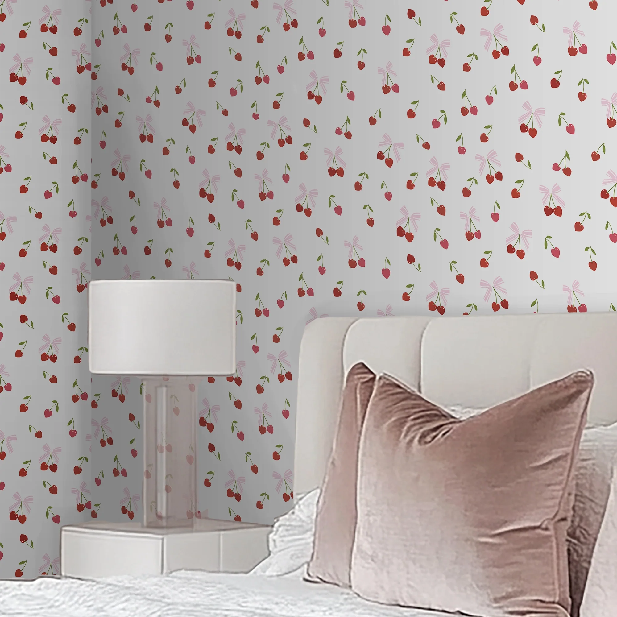 Cherry Kisses Wallpaper in Pink & Red - Image 3