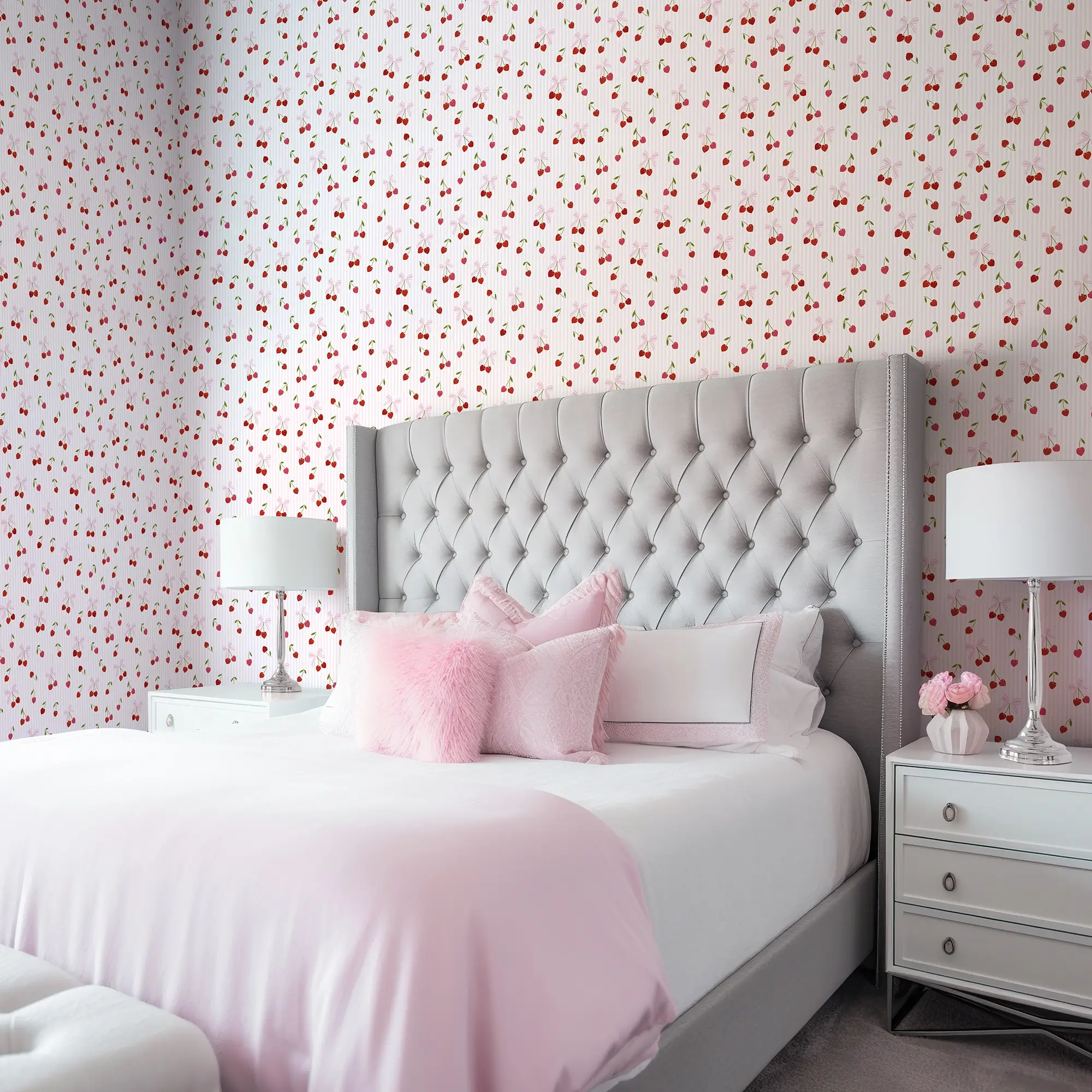 Cherry Stripe Kisses Wallpaper in Pink & Red - Image 2