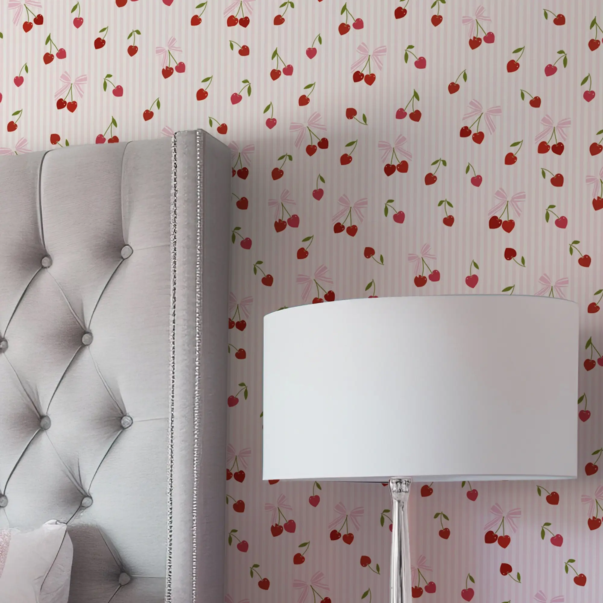 Cherry Stripe Kisses Wallpaper in Pink & Red - Image 3