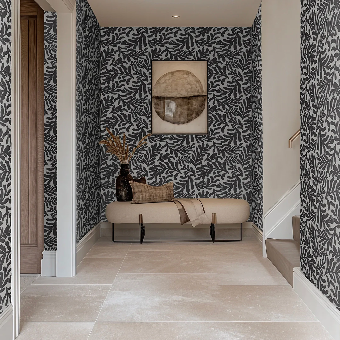 Coral Leaf Wallpaper in Charcoal on White - Image 2