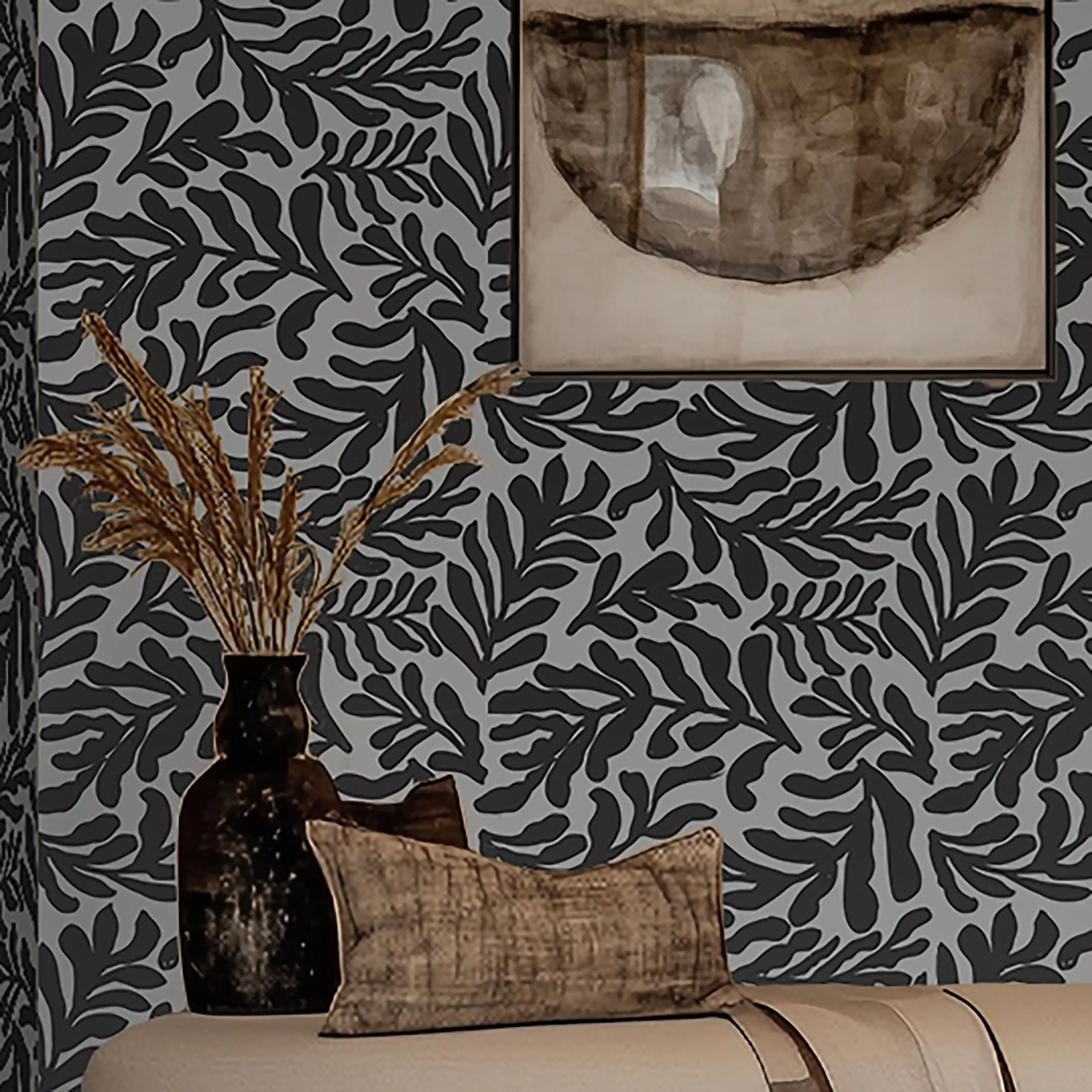 Coral Leaf Wallpaper in Charcoal on White - Image 3