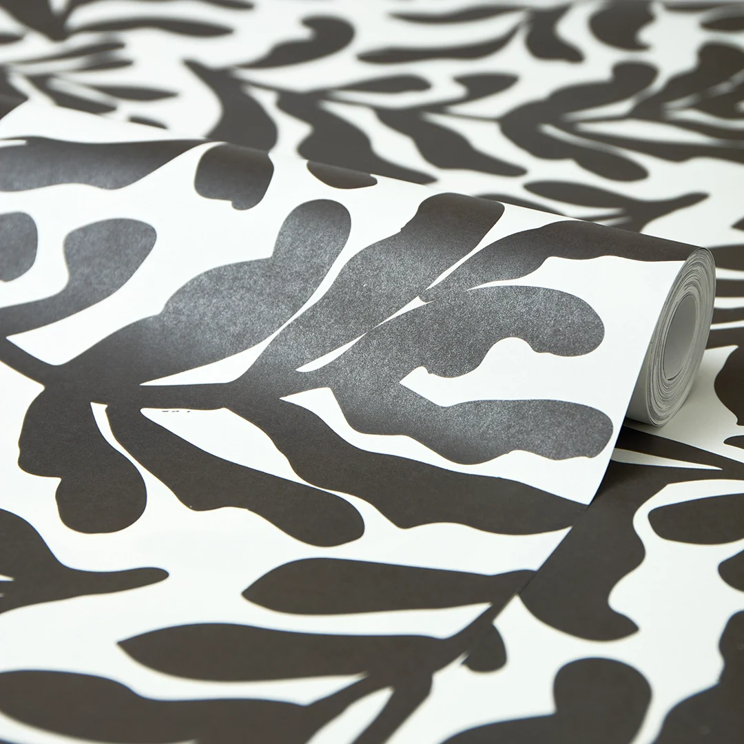 Coral Leaf Wallpaper in Charcoal on White - Image 4
