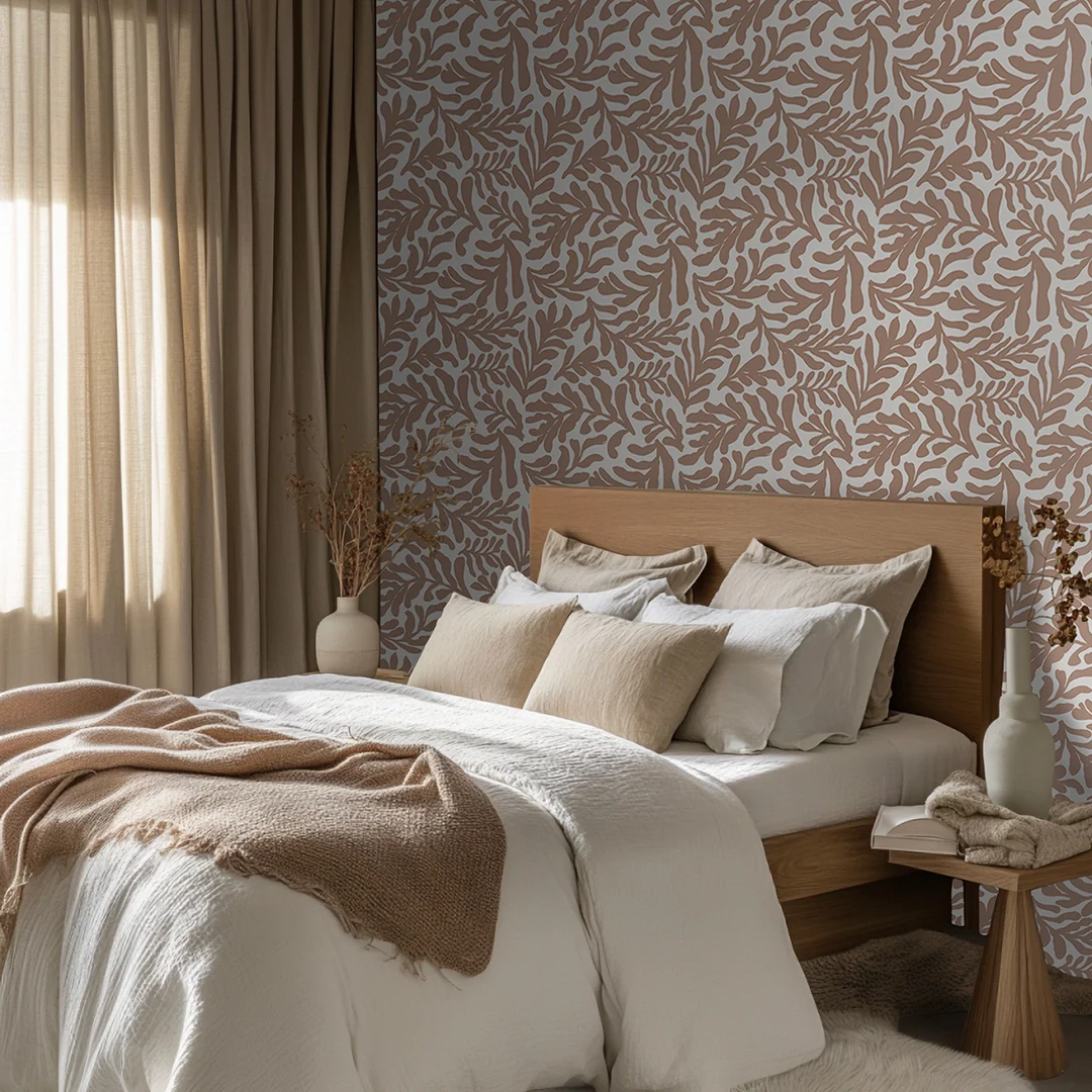 Coral Leaf Wallpaper in Coffee on Cream - Image 2