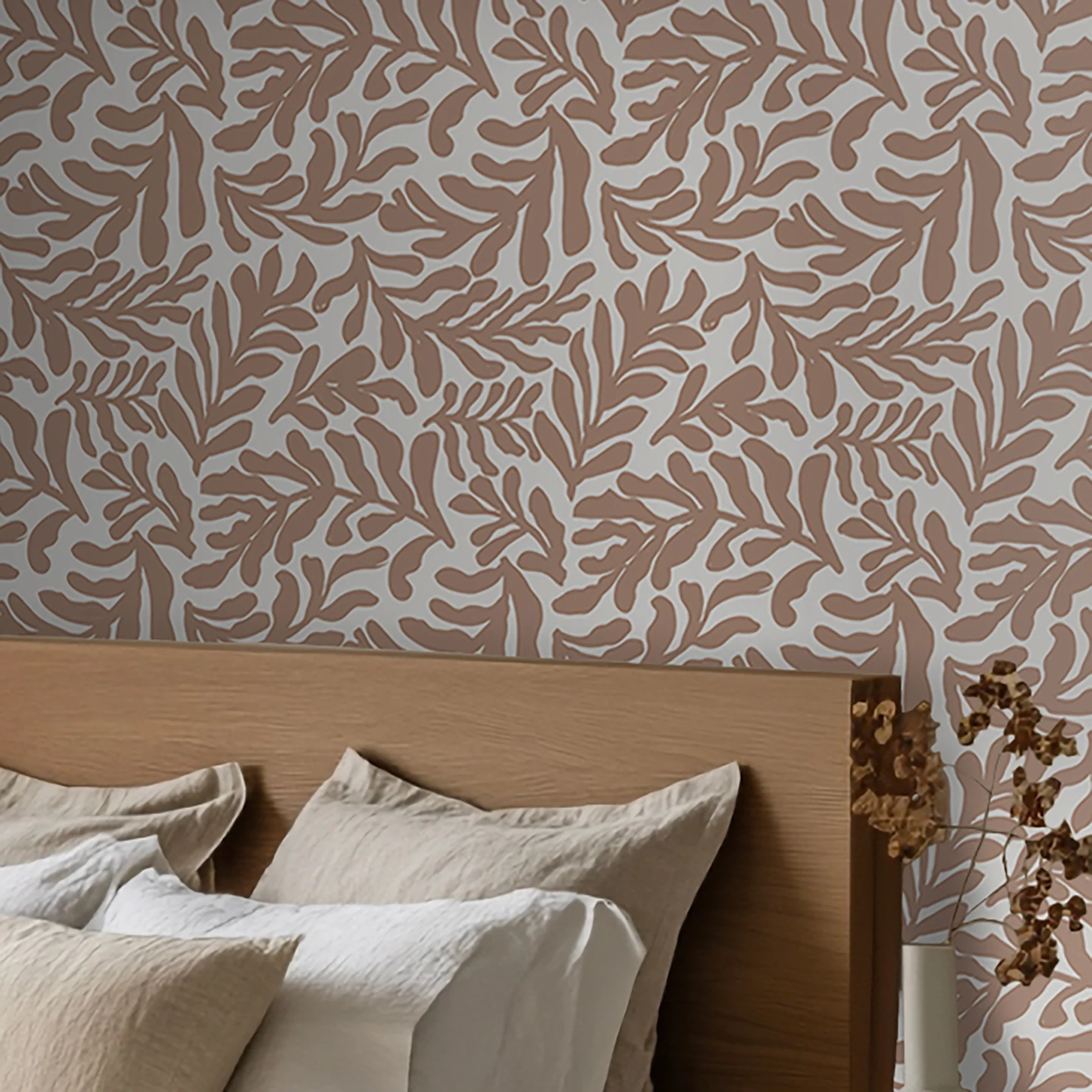 Coral Leaf Wallpaper in Coffee on Cream - Image 3