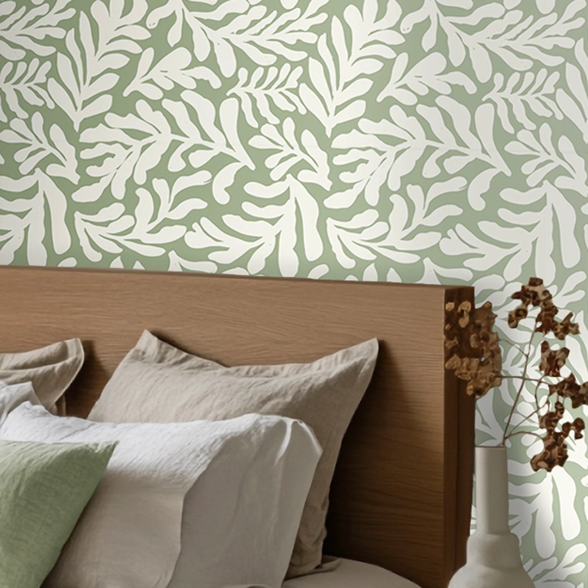 Coral Leaf Wallpaper in Cream on Pistachio - Image 2