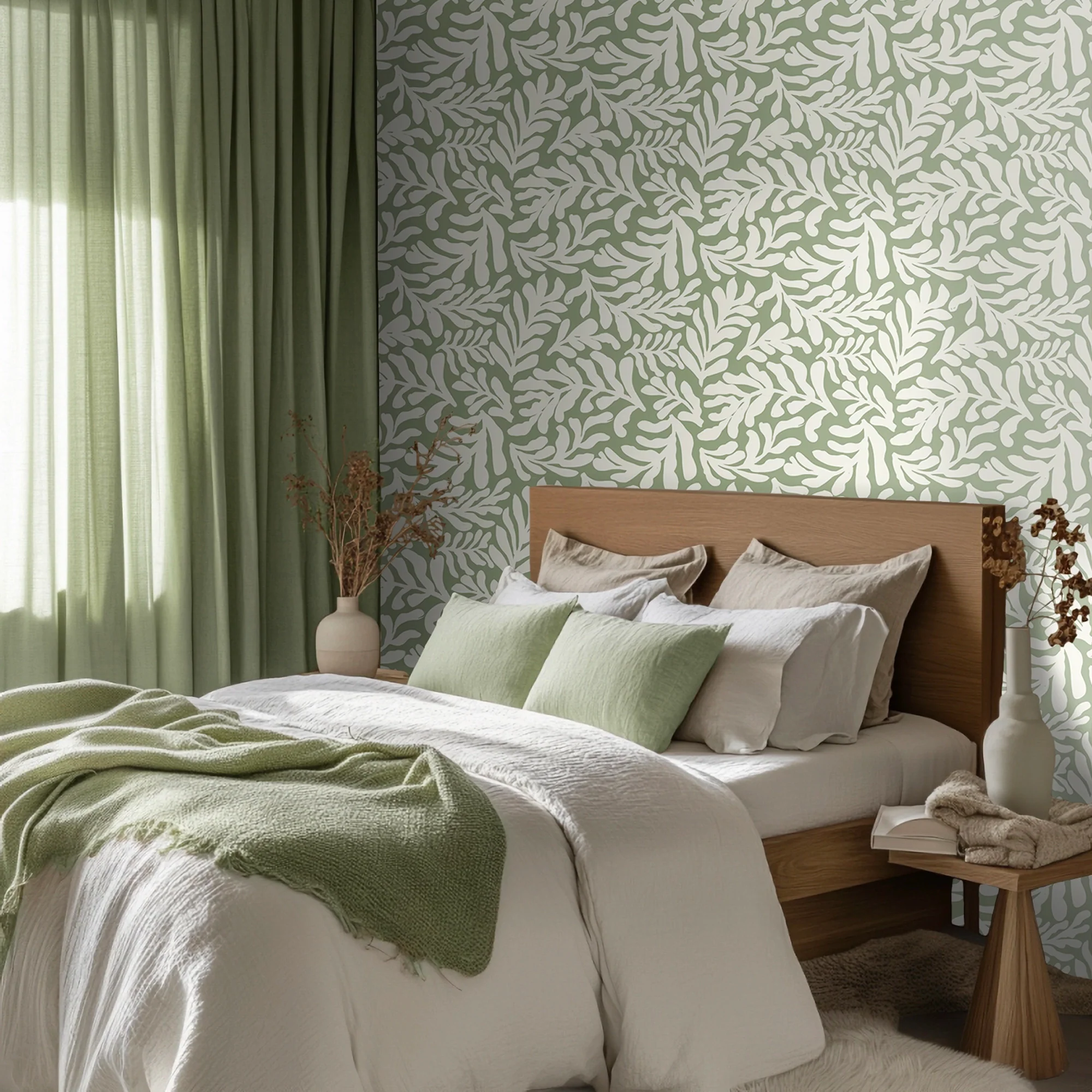 Coral Leaf Wallpaper in Cream on Pistachio - Image 3