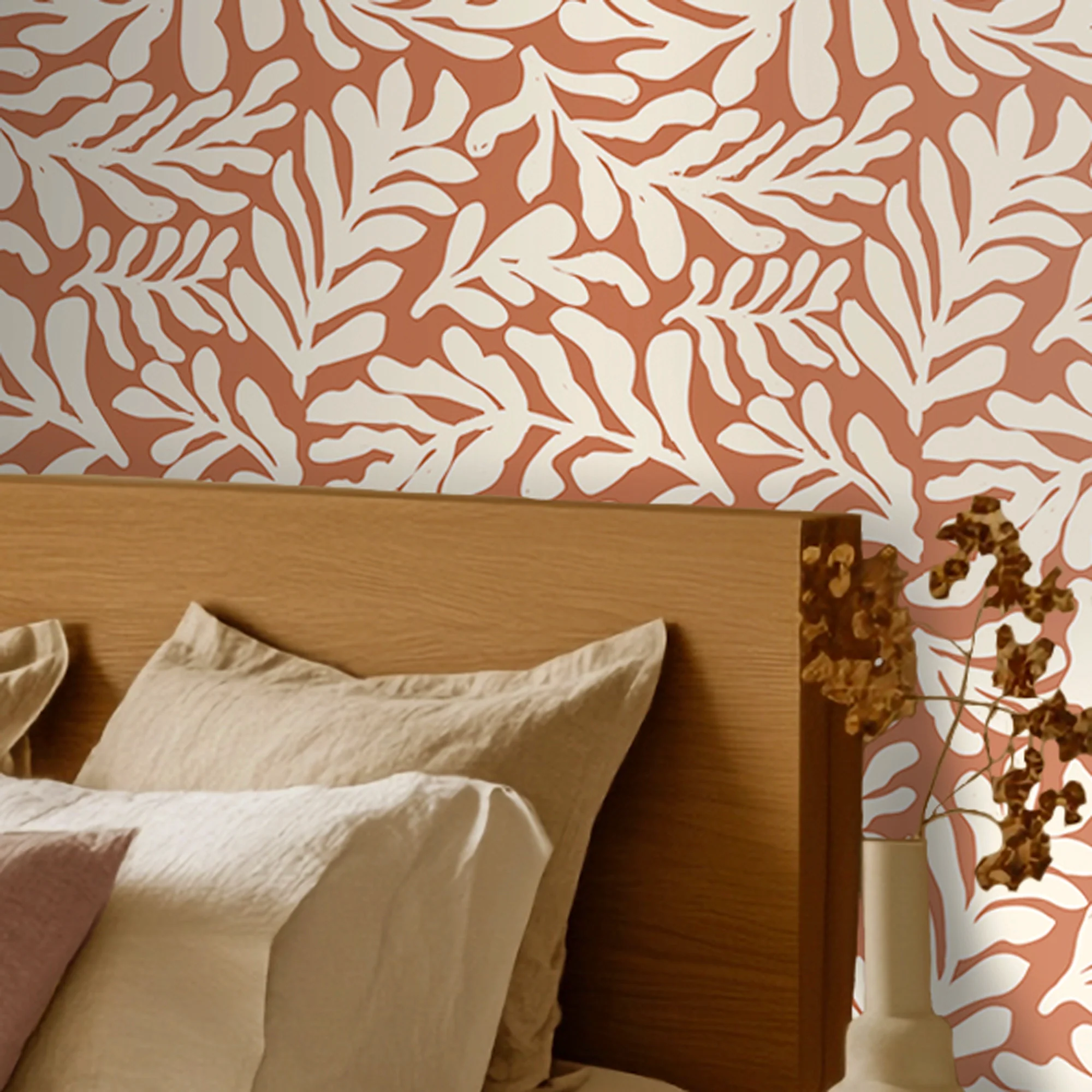 Coral Leaf Wallpaper in Cream on Terracotta - Image 2